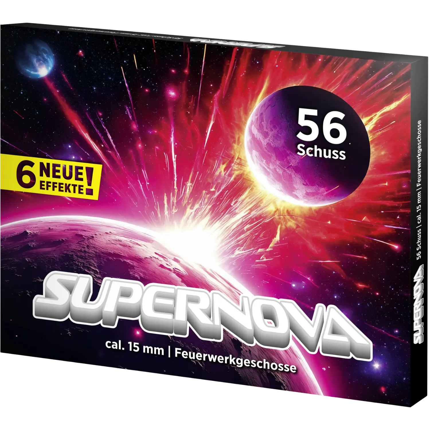 Verpackung mit Weltraumdesign zeigt zwei Planeten, einen hellen Explosionsstrahl und Text 'SUPER NOVA', 'cal. 15 mm | Feuerwerksgeschosse', '56 Schuss' und '6 NEUE EFFEKTE!'.