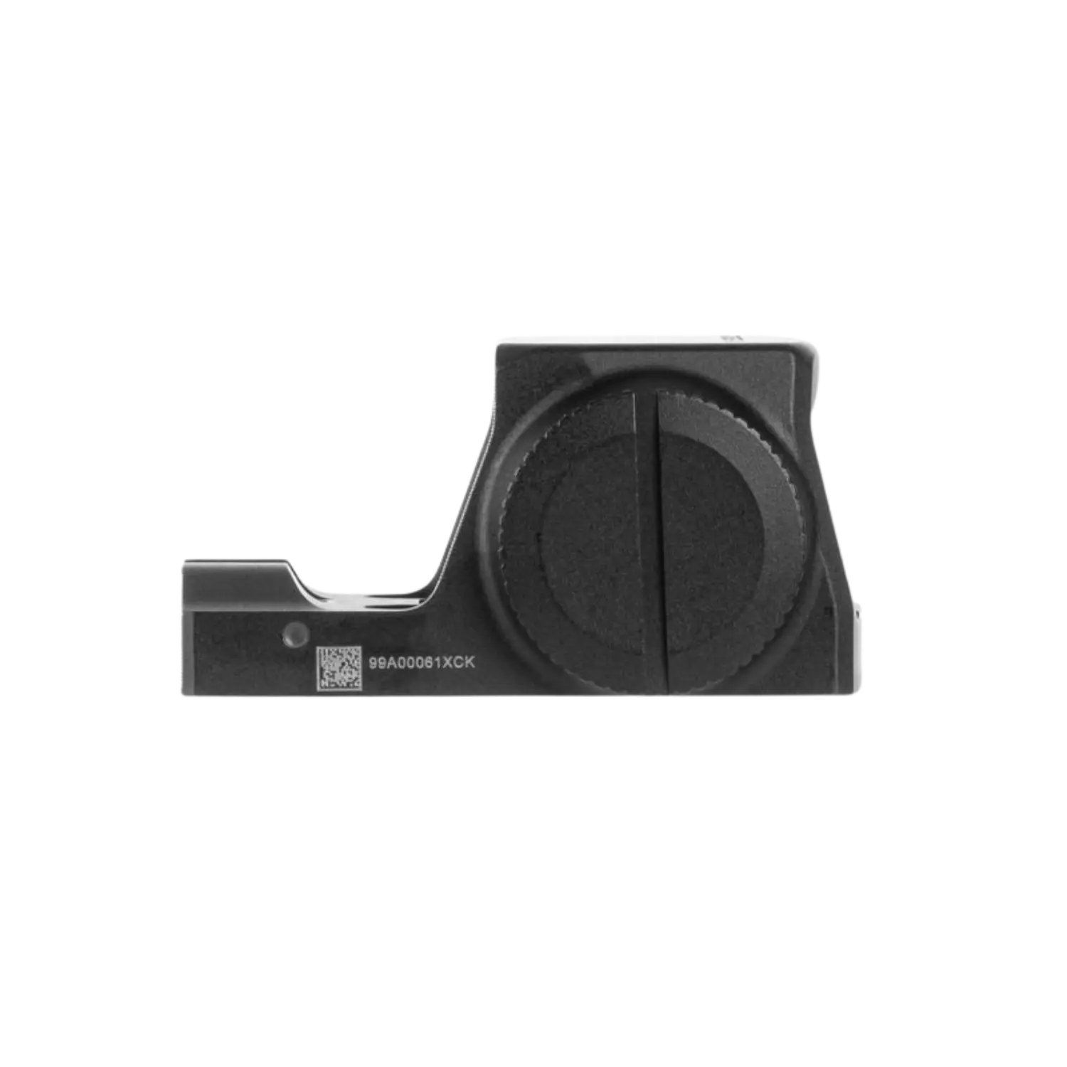 Schwarzes Sig Sauer Romeo X Pro Red Dot mit runder Einstellschraube und rechteckigem Gehäuse, Seitenansicht.