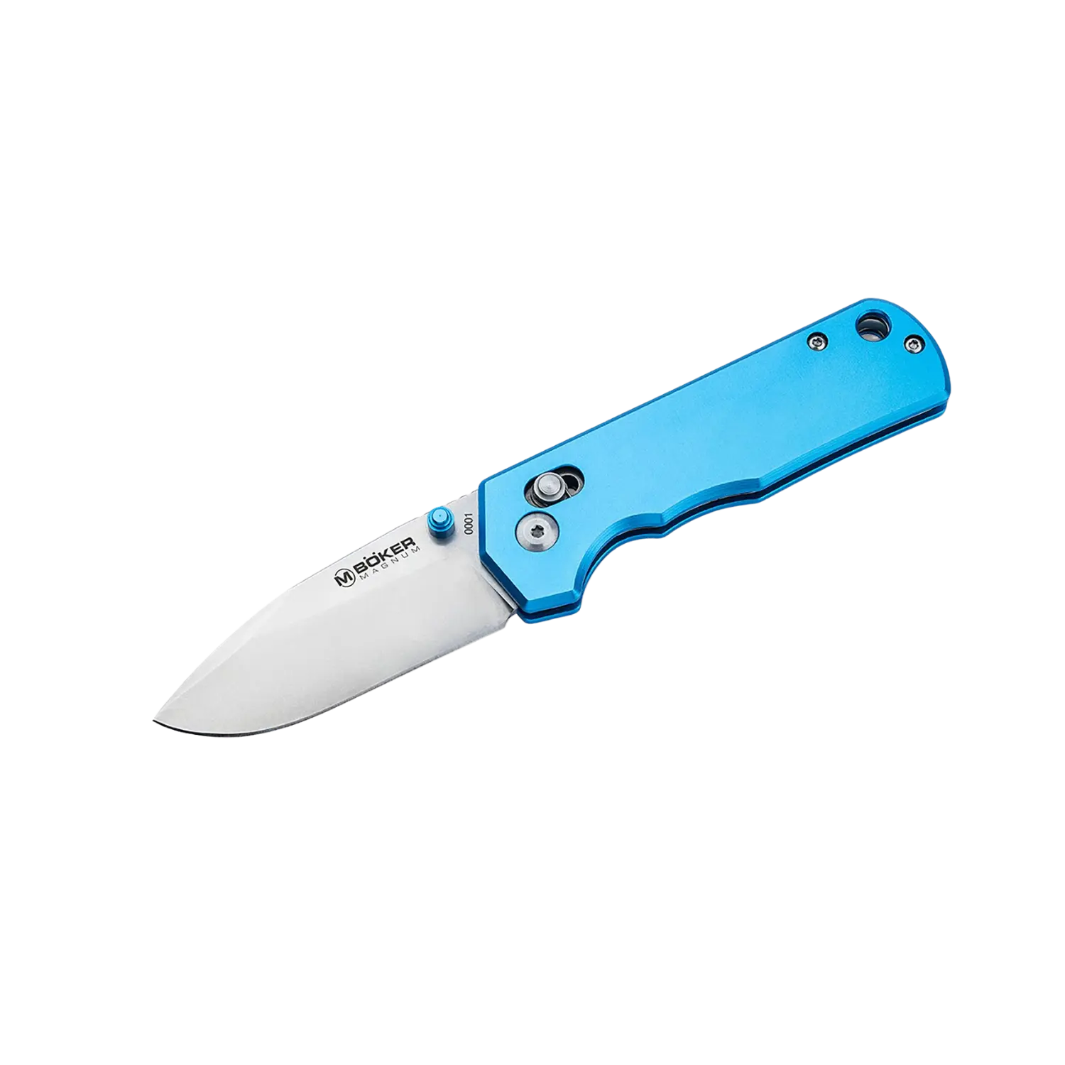 Ein Taschenmesser mit blauem Klingenblatt und schwarzem Griff, geöffnet
