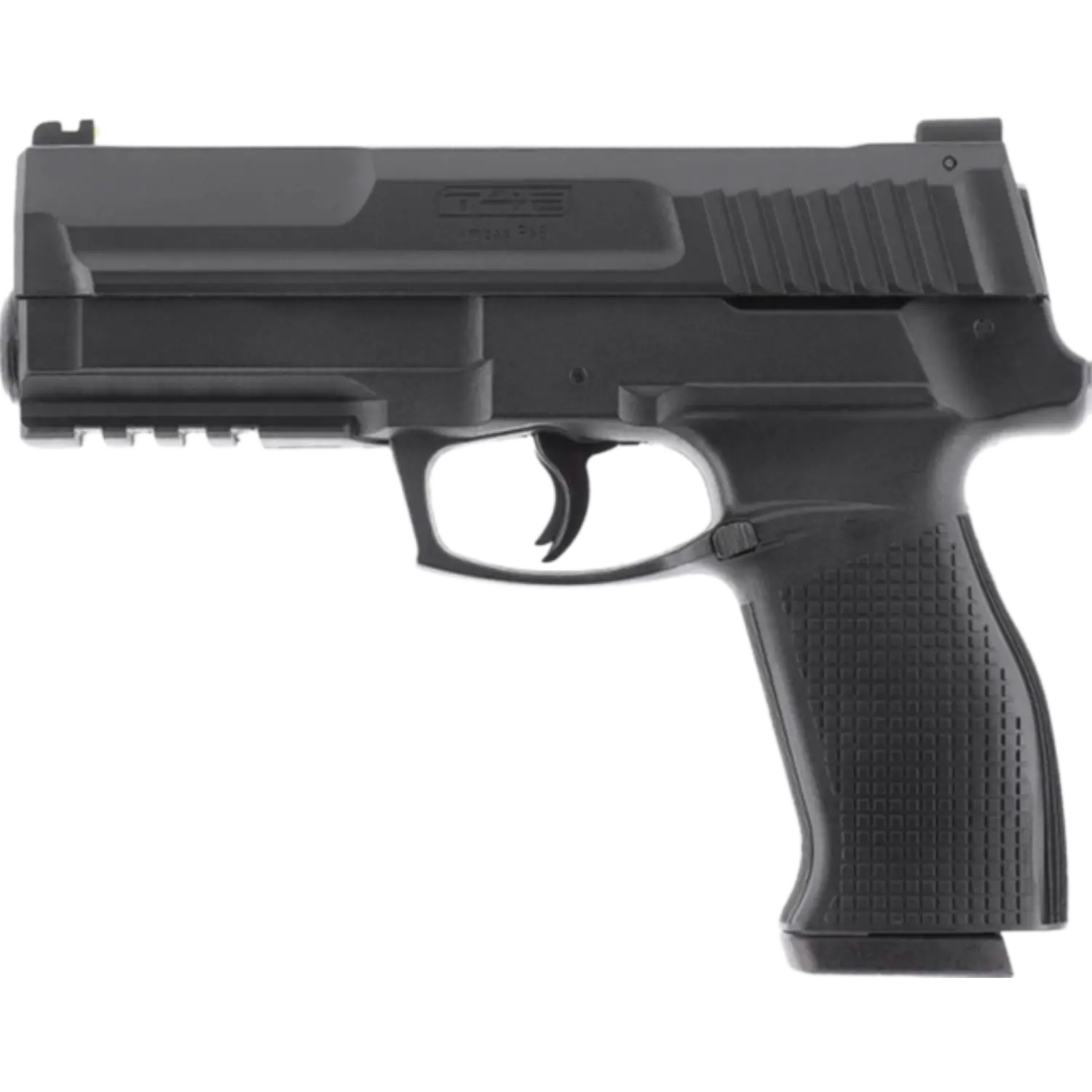 Schwarze Pistole vom Modell T4E Impax P68 mit geriffeltem Griff und markanter Laufschiene