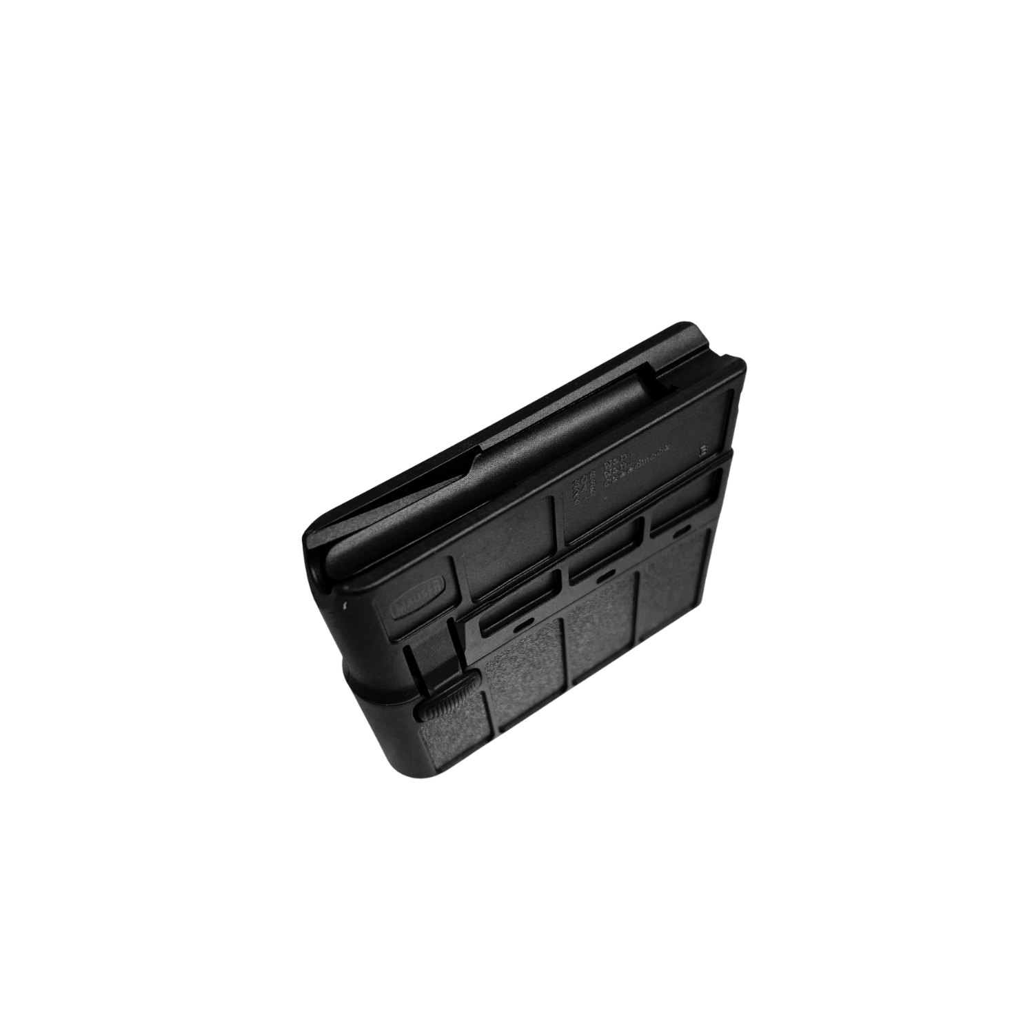 Schwarzes Mauser M25 Magazin mit 5 Schuss in schräger Draufsicht