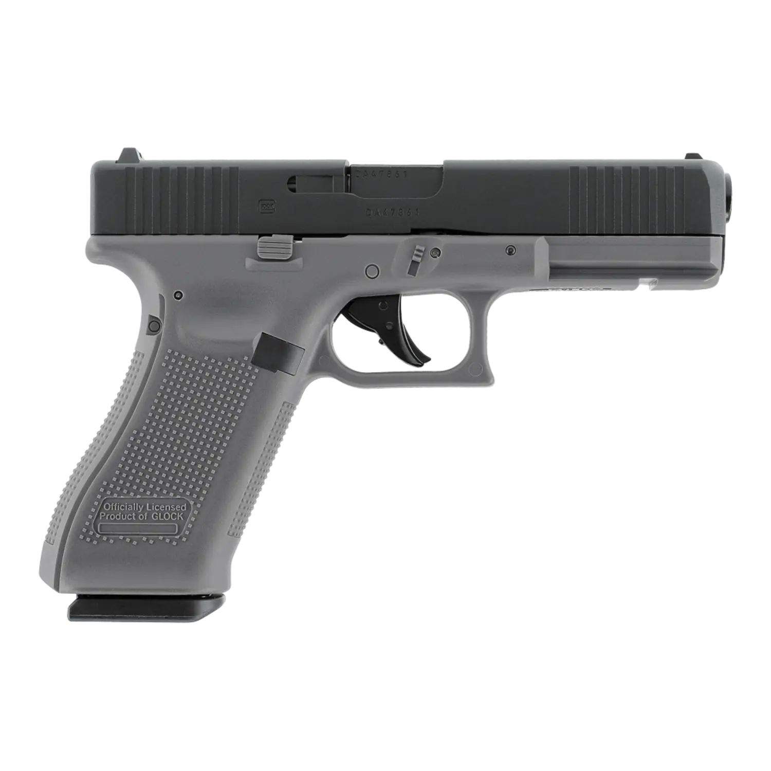 CO2-Pistole Glock 17, grauer Griff mit strukturierter Oberfläche, schwarzer Schlitten, sichtbare Sicherung und Abzug, Seitenansicht rechts  Bitte p