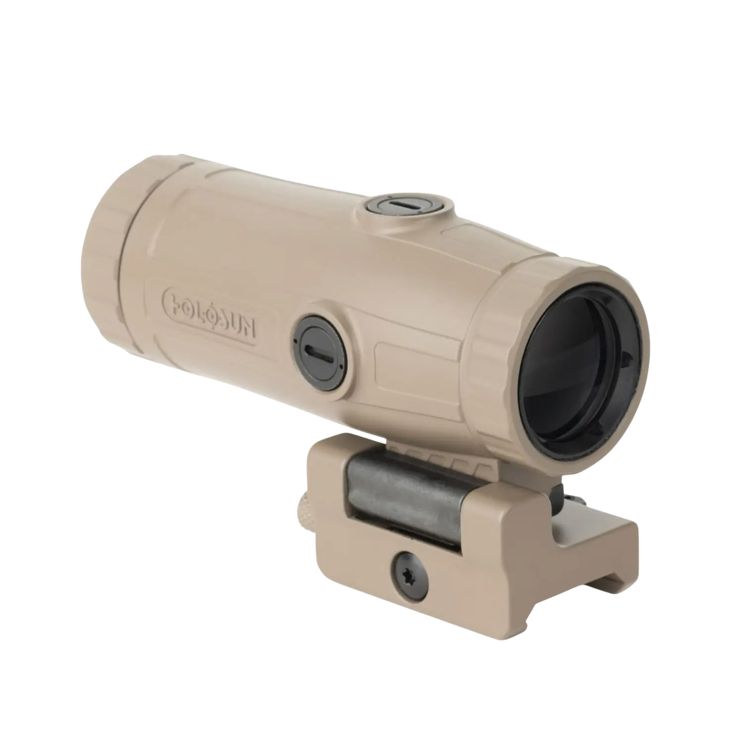 Holosun HM3X Magnifier in FDE-Farbe mit zylindrischem Gehäuse und Montageschiene