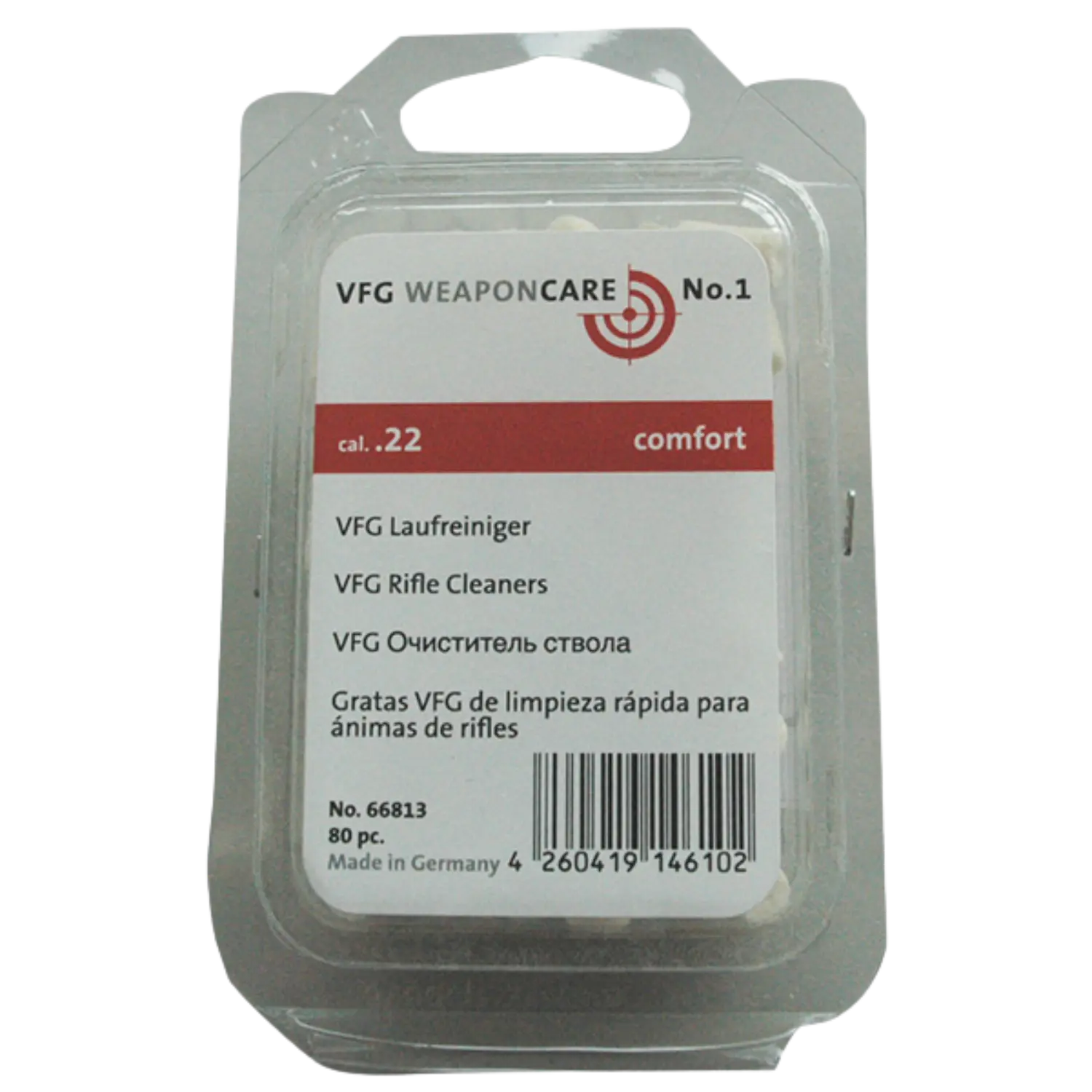 VFG Laufreiniger comfort Kal. .22 80St. Verpackung des VFG Laufreinigers No. 1 für Kaliber .22, mit Aufschrift in mehreren Sprachen, Barcode und Hinweis 'Made in Germany'.
