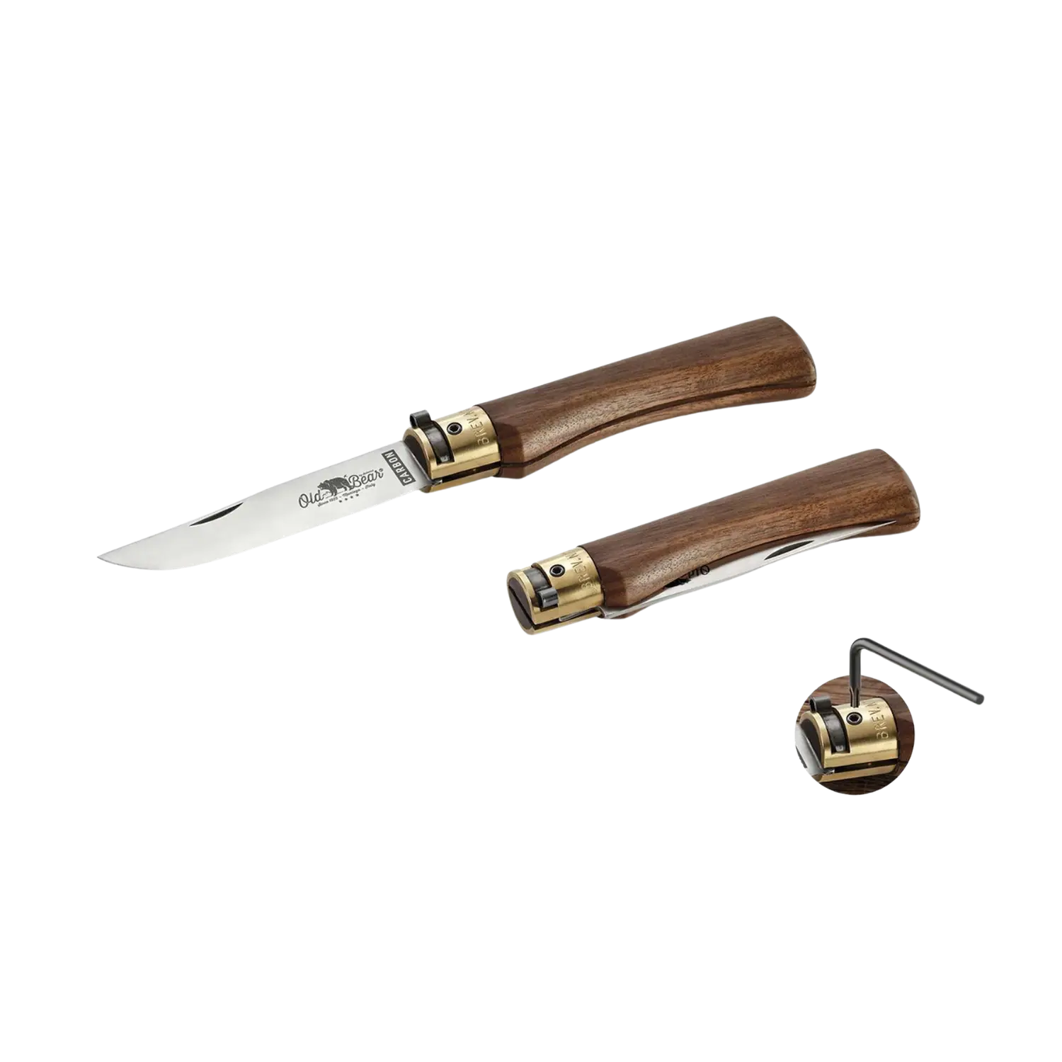 Klappmesser mit Holzgriff und Edelstahlklinge, Marke Old Bear, mit geöffnetem und geschlossenem Messer sowie einem kleinen Werkzeug