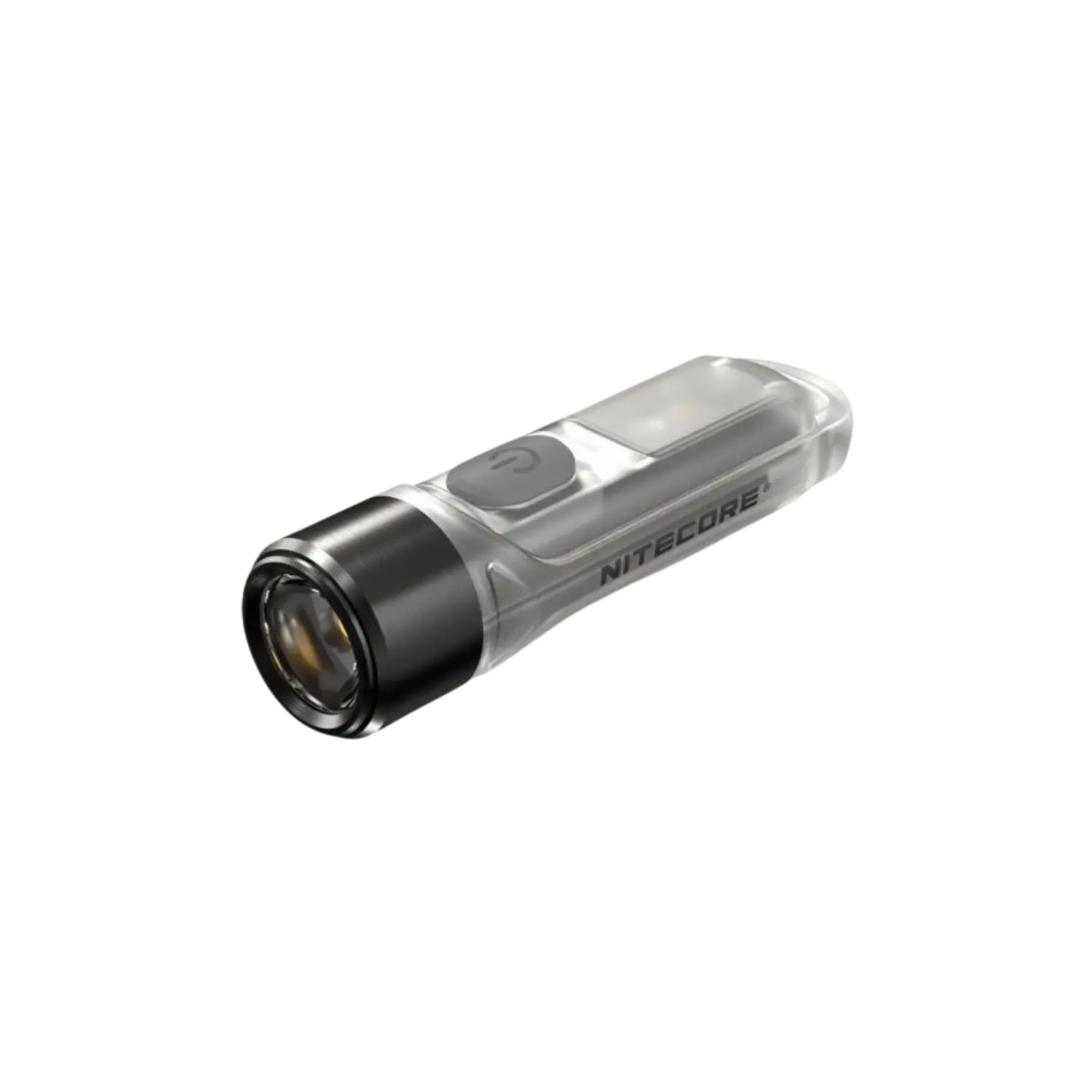 Nitecore Taschenlampe mit transparentem Gehäuse und schwarzem Kopf, rechteckiger Ein-/Ausschalter oben