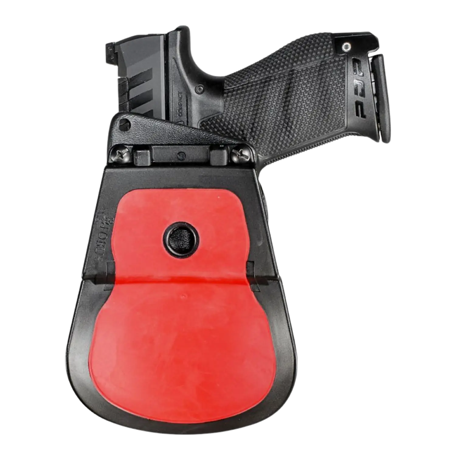 Ein roter und schwarzer WPDP-Holster mit einem schwarzen Griff.
