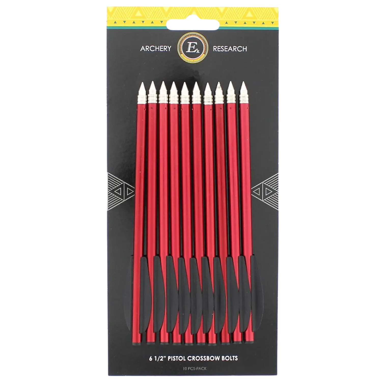 Acht rote Pfeile mit schwarzen Federn, spitze silberne Spitzen, nebeneinander stehend.