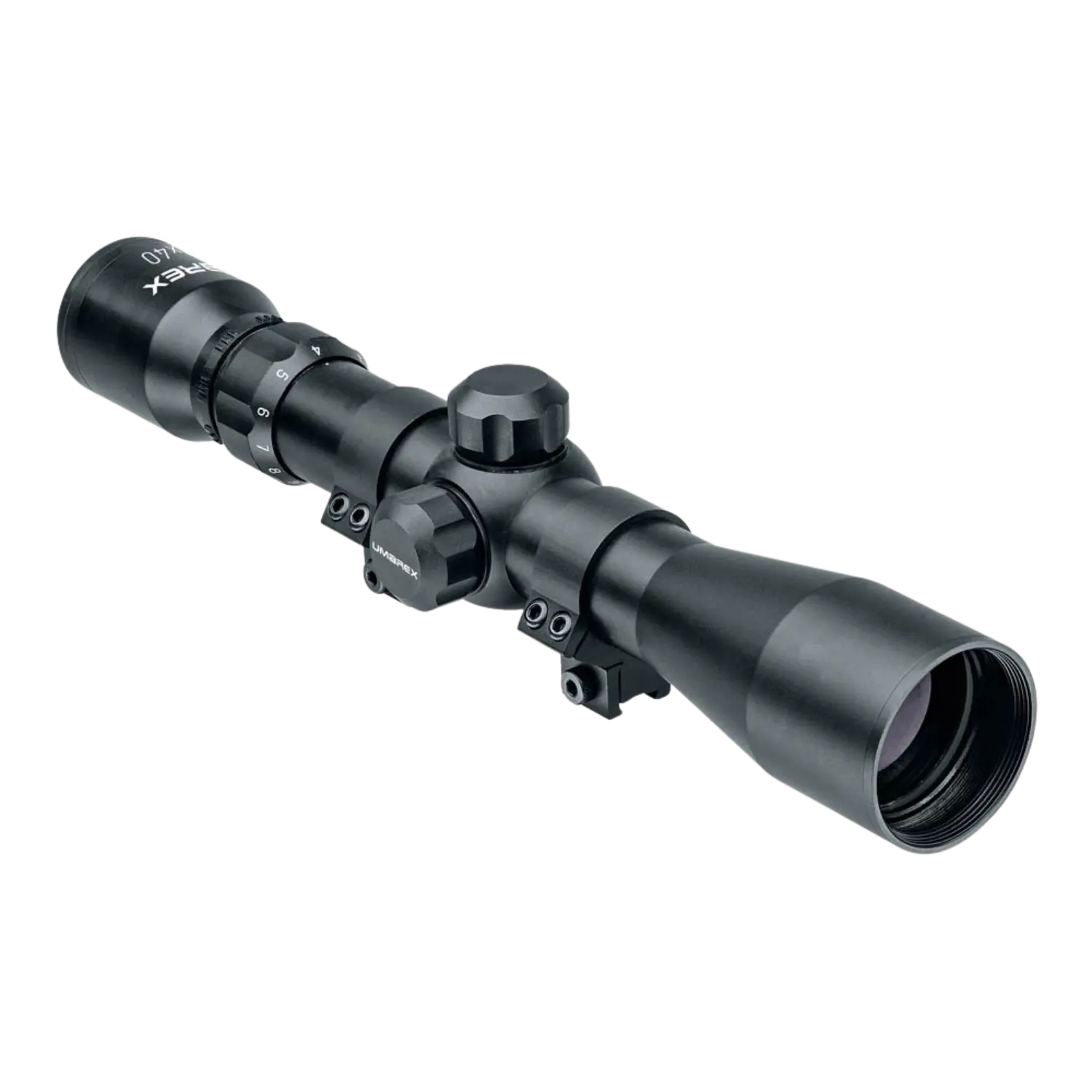 Umarex Zielfernrohr ZF3-9x40, schwarz, zylindrische Form mit zwei Linsen, einstellbare Vergrößerung, Montagebasis sichtbar.