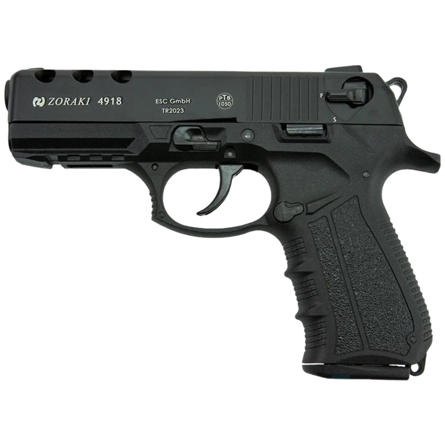Zoraki 4918 Schreckschusspistole schwarz Kaliber 9mm P.A.K. Zoraki 4918, schwarze Pistole mit ergonomischem Griff, sichtbarem Abzug und Sicherung, Hersteller ESC GmbH
