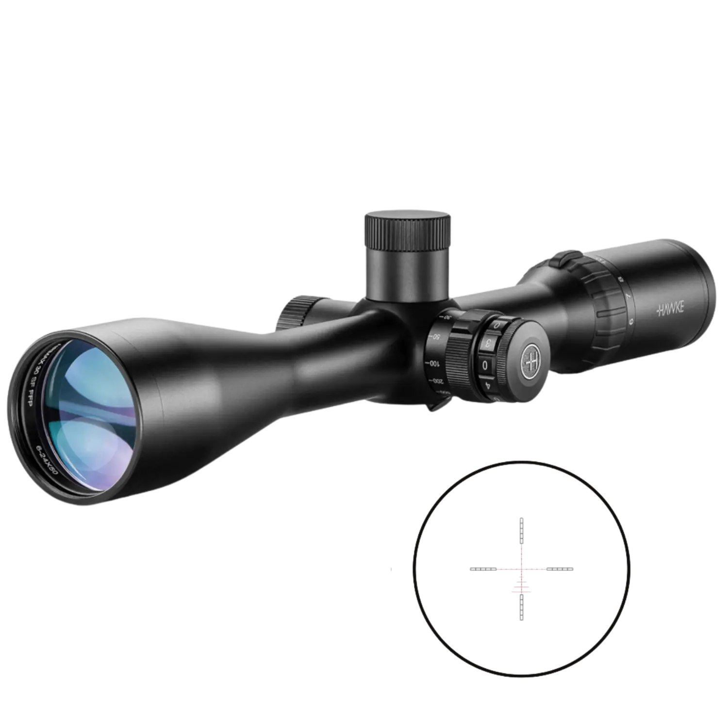 Schwarzes Zielfernrohr mit verstellbaren Einstellrädern und sichtbarem Markennamen 'HAWKE'.