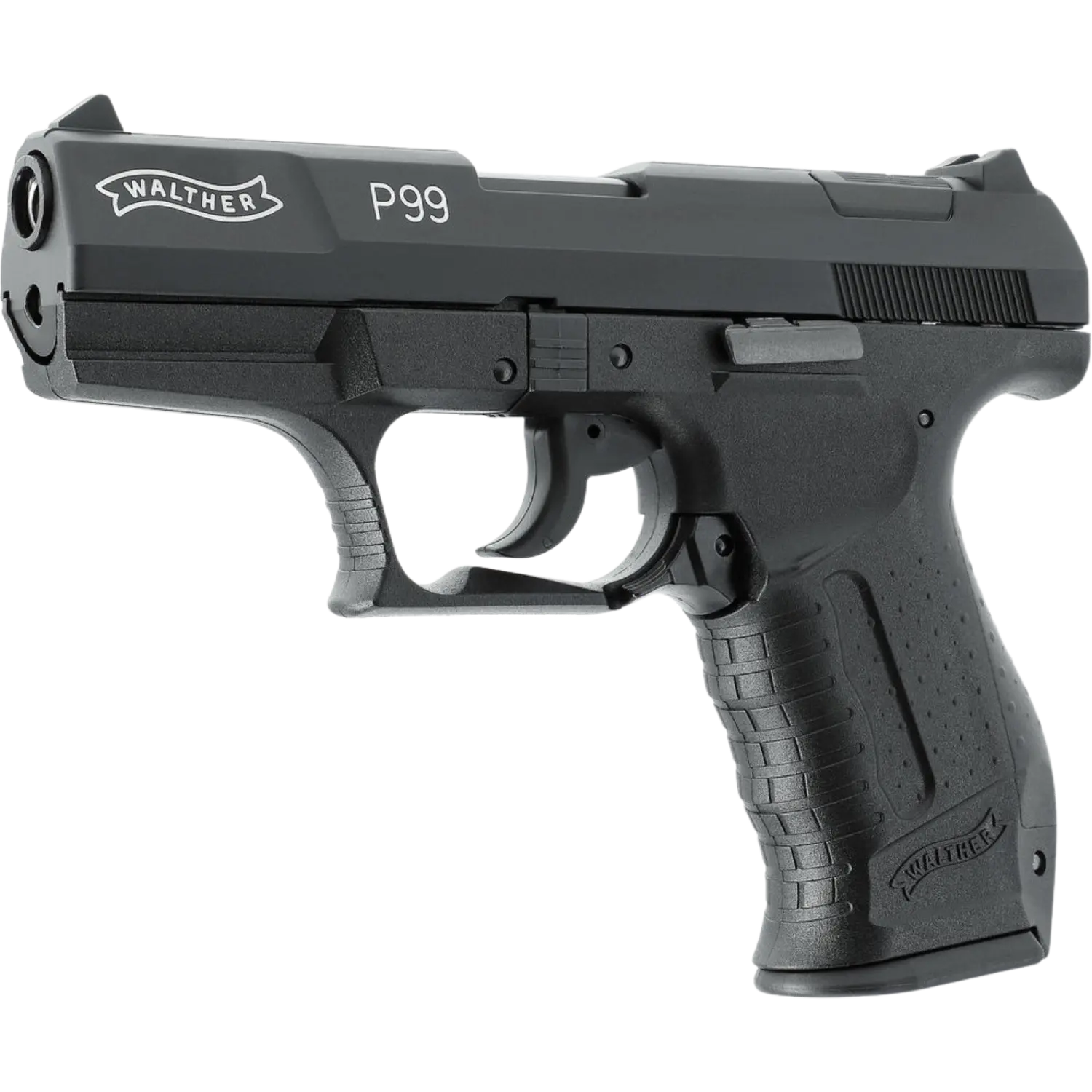 Walther P99 Schreckschuss, schwarze Pistole mit einem glatten Griff und einem abgerundeten Lauf, seitliche Ansicht.