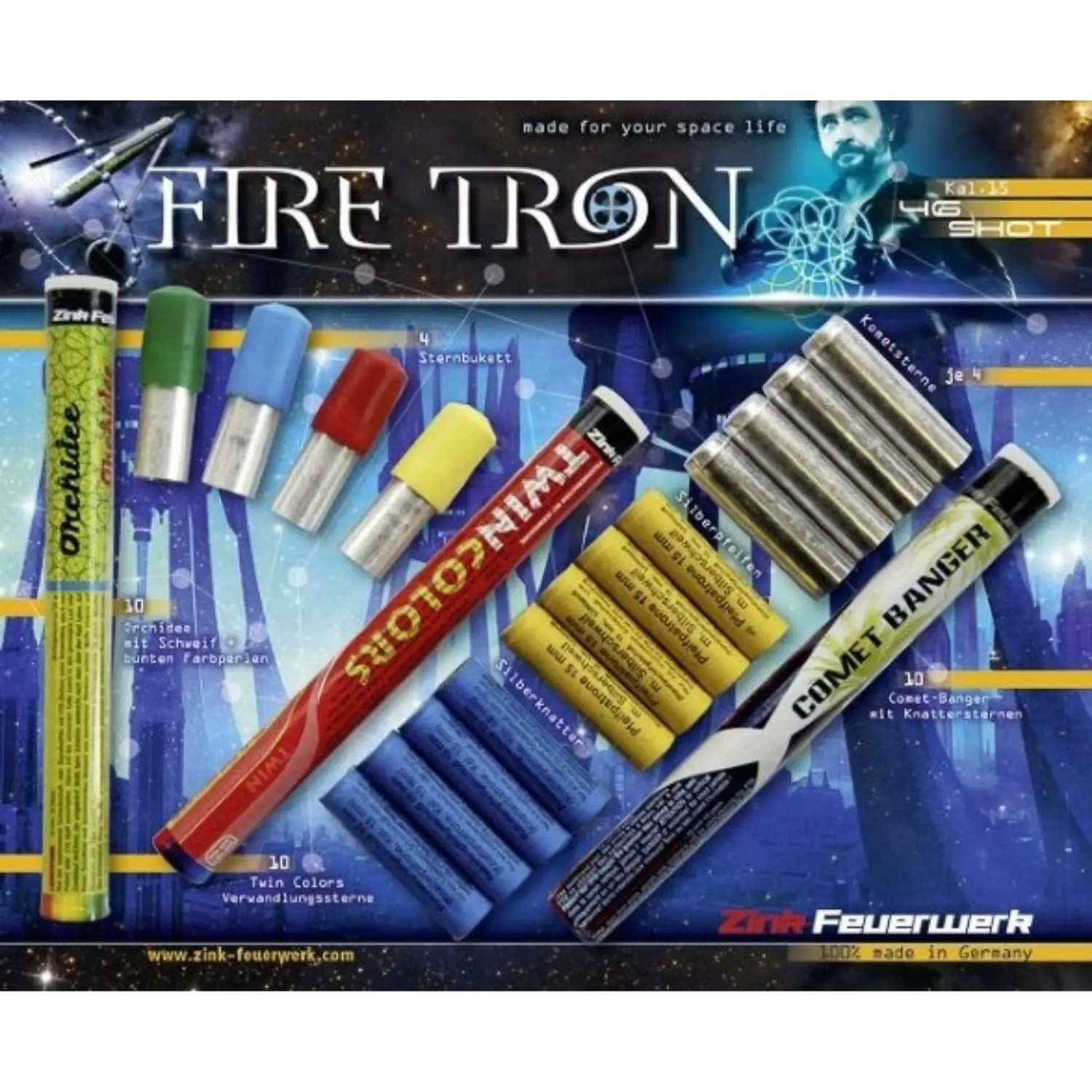 Verschiedene bunte Feuerwerkskörper der Marke Zink Fire Tron, darunter Zylinder, Röhren und Stäbe mit Beschriftungen wie 'Twin Colors' und 'Comet Banger'.