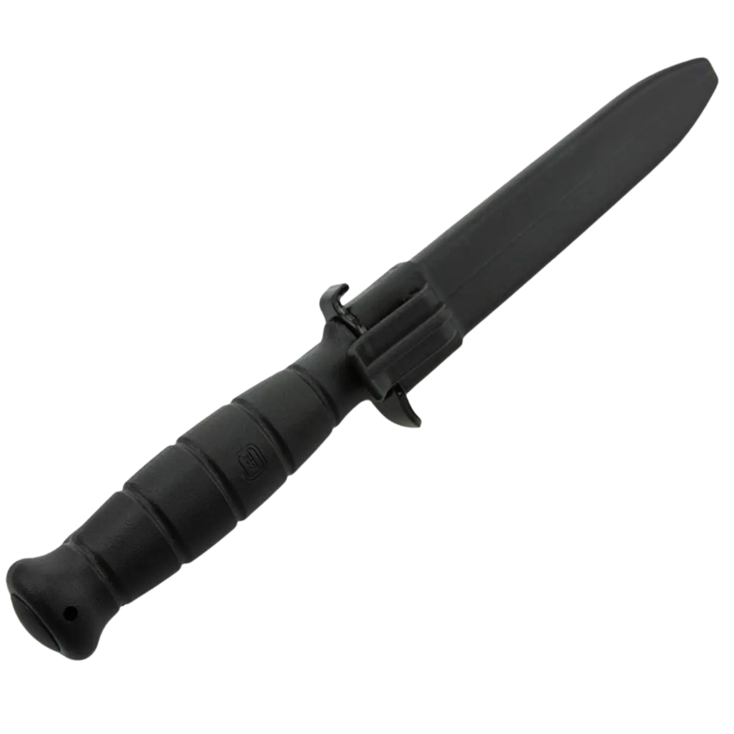Schwarzes Feldmesser mit einer langen, geraden Klinge und einem rutschfesten Griff. Der Griff hat eine ausgeprägte Form mit einer Daumenauflage.
