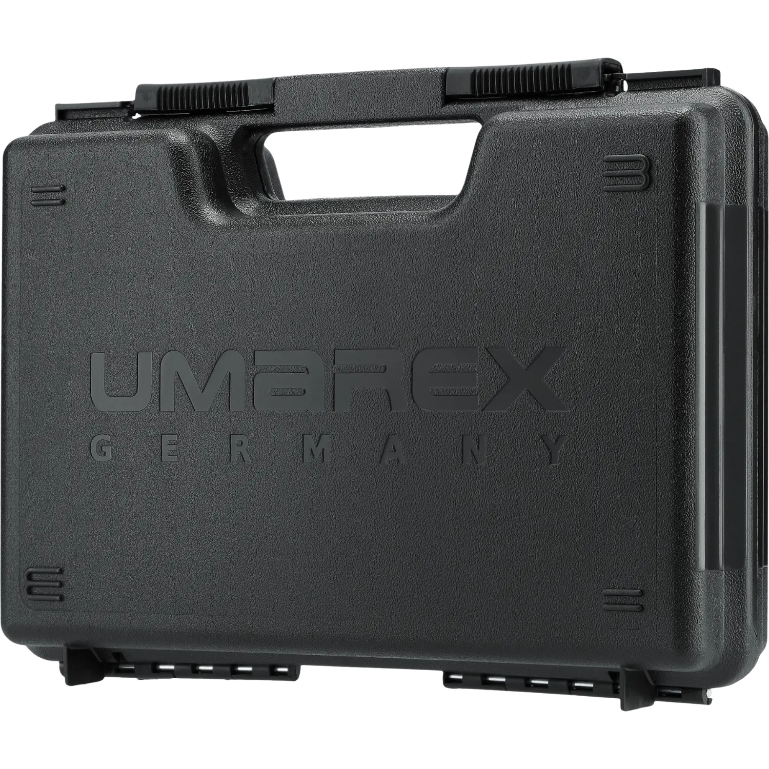 Schwarzer Kunststoffkoffer mit geprägtem Schriftzug 'UMAREX GERMANY' und Tragegriff oben.