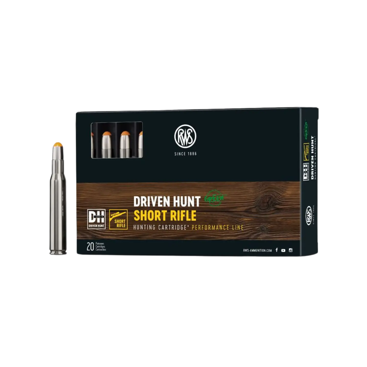 Packung mit 20 RWS Driven Hunt Short Rifle Patronen, abgebildet mit einer Patrone im Vordergrund. Die Verpackung zeigt eine Holzoptik mit dem Text 'DRIVEN HUNT' und 'HUNTING CARTRIDGE PERFORMANCE LINE'.