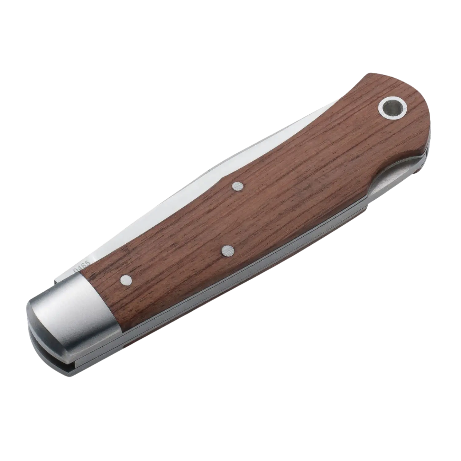 geschlossenes Taschenmesser mit Holzgriff aus Bubinga-Holz und Metallverschluss