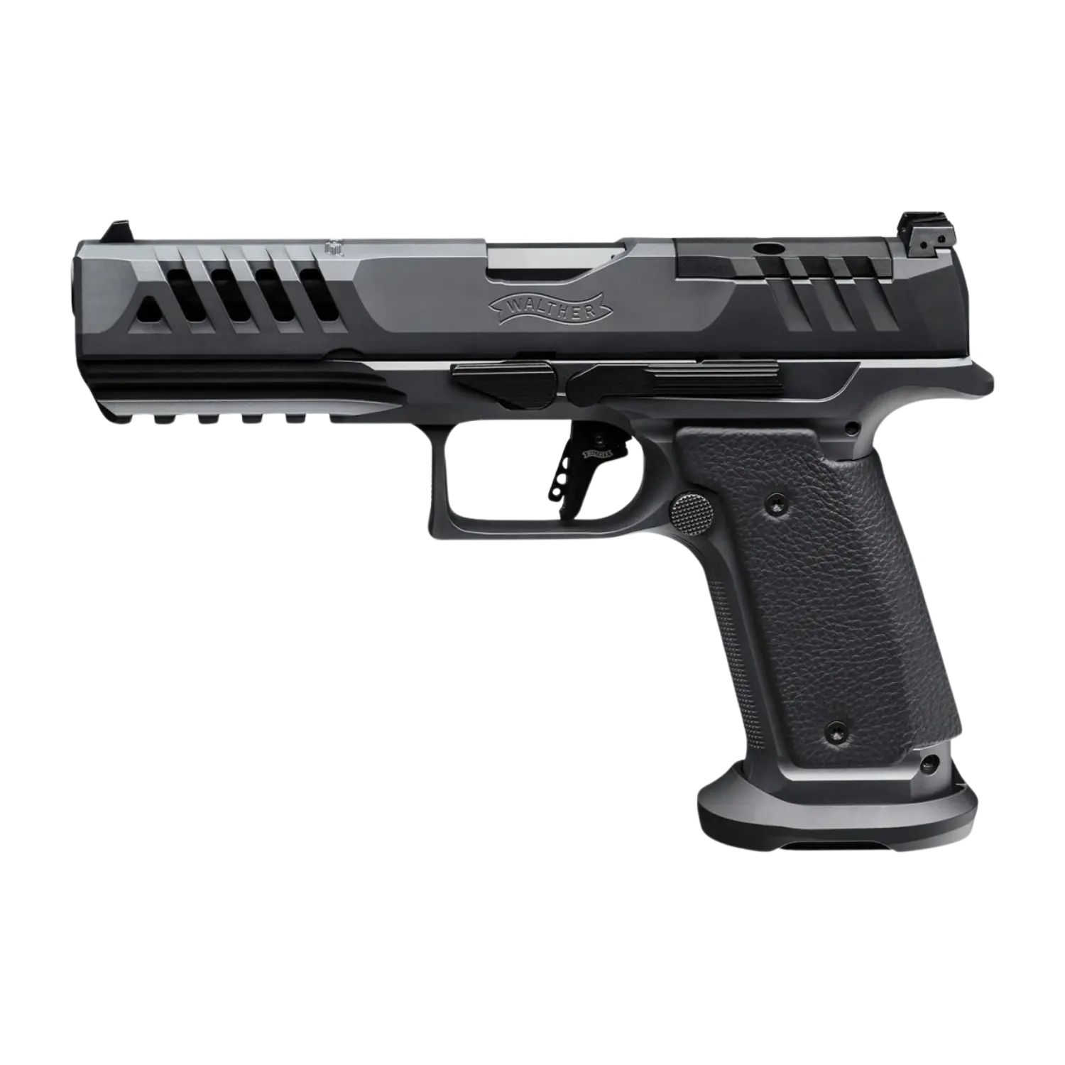 Walther PDP Cavalier, halbautomatische Pistole, schwarz mit grauen Akzenten, rechte Seitenansicht, mit strukturiertem Griff und Picatinny-Schiene.
