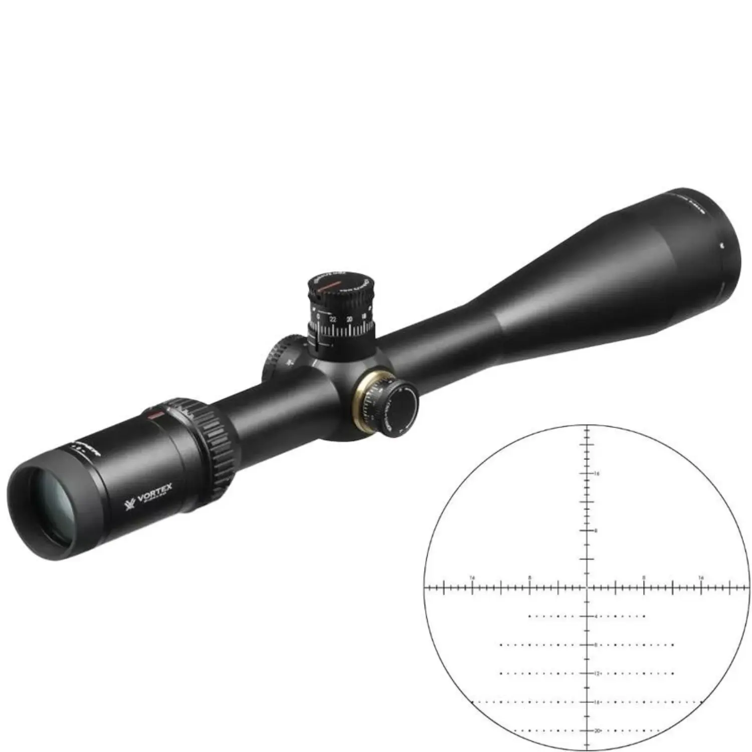 Vortex Zielfernrohr Viper HS LR 6-24x50 XLR MOA FFP Schwarzes Vortex Zielfernrohr Viper HS LR 6-24x50 mit verstellbaren Türmen und beleuchtetem Fadenkreuz mit MOA-Markierungen und erster Bildebene.