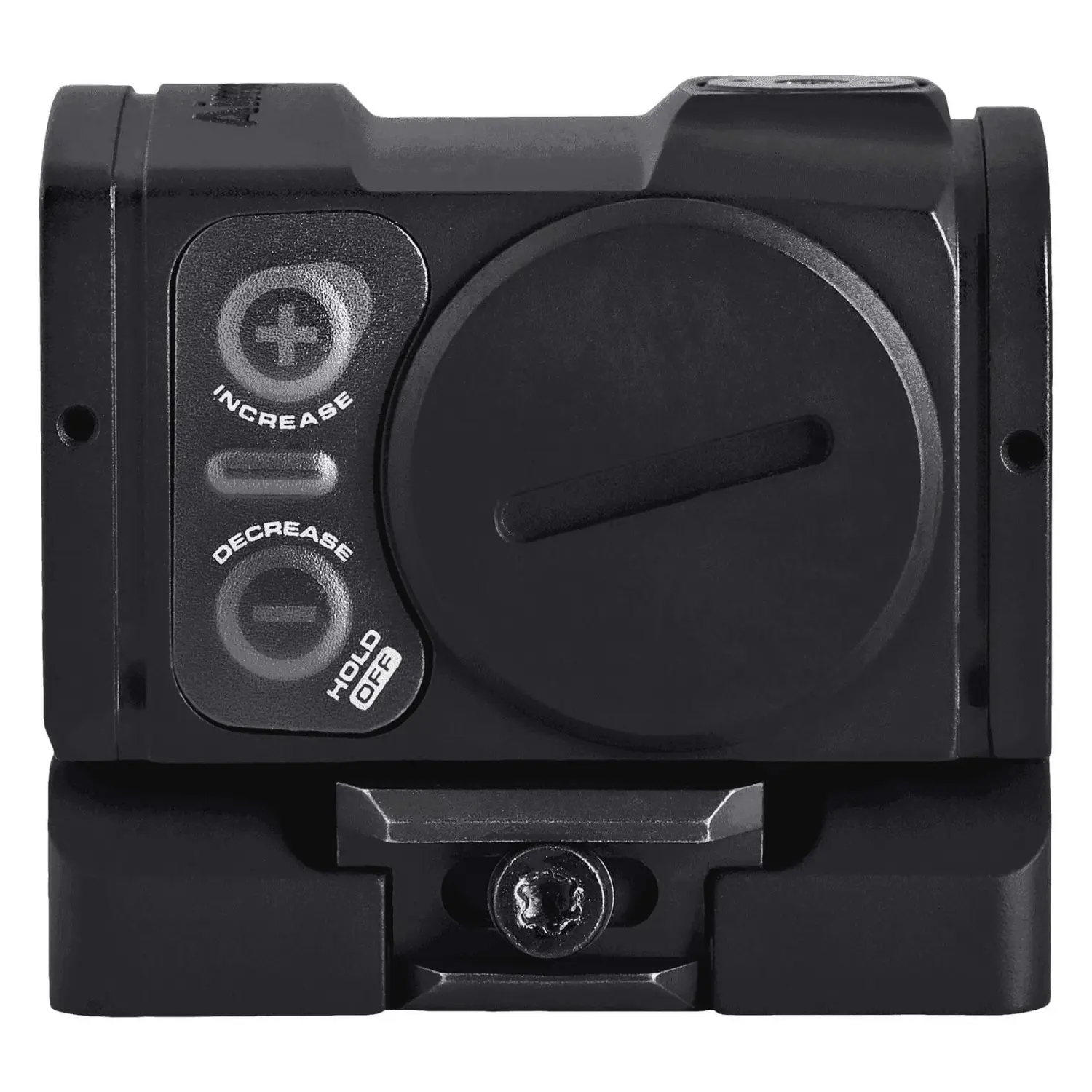 Schwarzes Aimpoint Acro C-2 Rotpunktvisier mit Einstellknopf und Weaver-Montagebasis.