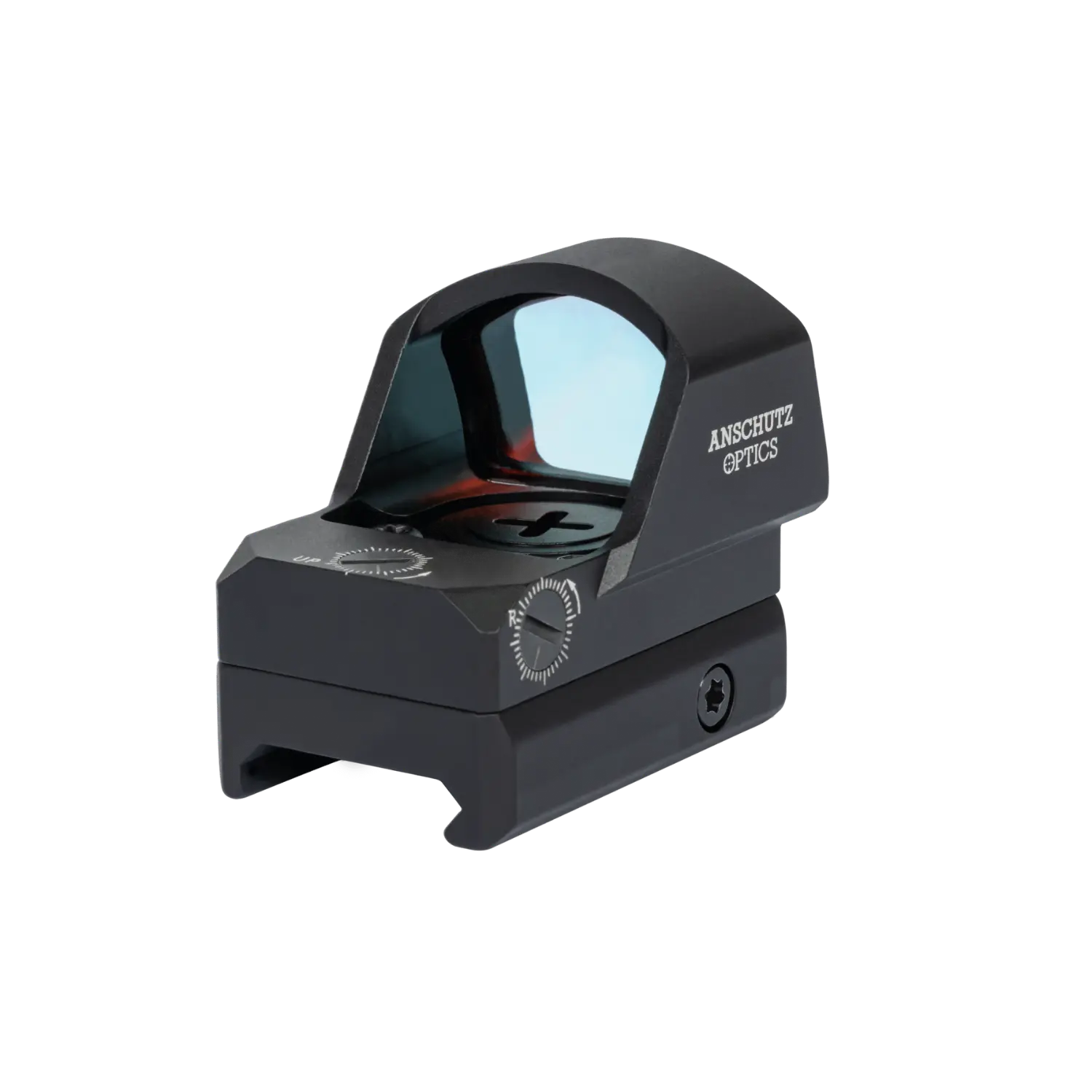 Schwarzfarbige Zieloptik von Anschütz mit einem rechteckigen Gehäuse und einem leichtem blauen weitgezogenem Reflexglas. Sichtbare Einstellknöpfe und Markierungen.