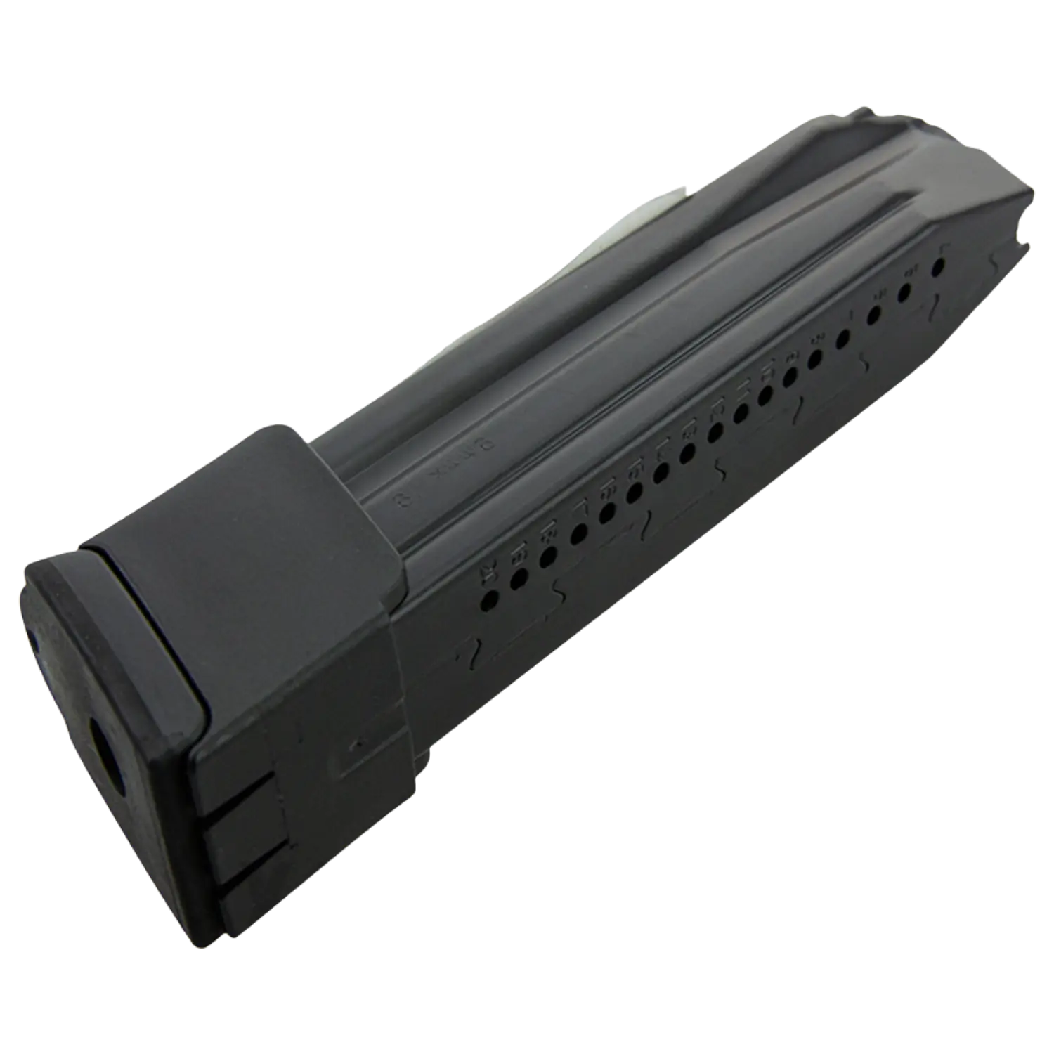 H&K Magazin 20 Schuss für SFP9 / P30 Schwarzes Metallmagazin mit 20 Schuss Kapazität, rechteckig, mit gelochtem Zählfenster und Kunststoffbodenplatte.