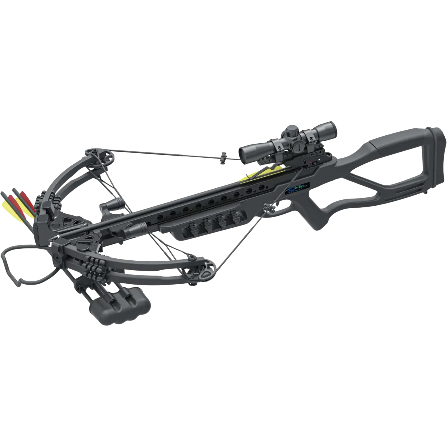 Schwarze Armbrust mit Zielfernrohr, Spannvorrichtung und drei Pfeilen im Köcher am vorderen Ende.