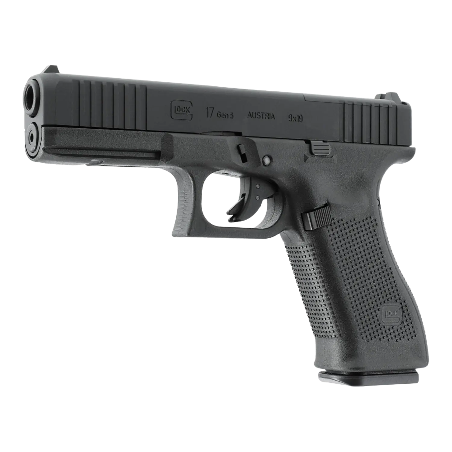 Glock 17 Gen5 MOS BLK CO2 Pistole Kaliber 4,5mm BB Schwarze CO2-Pistole Glock 17 Gen 3 mit Grifftextur, Abzug und Visier, seitliche Beschriftung 'Glock 17 Gen 3 Austria 9x19'.