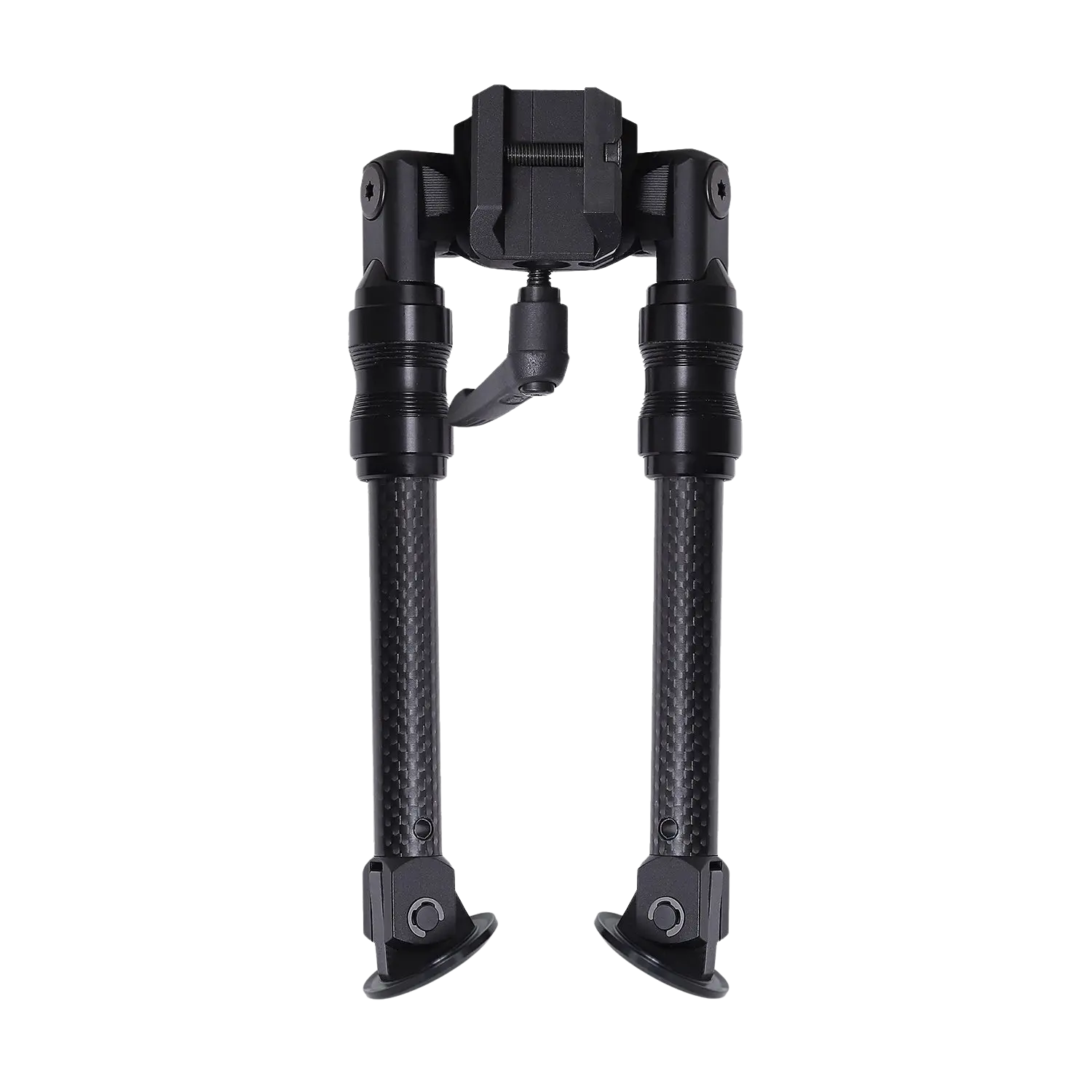 Voere X-Zweibein mit Universalaufnahme und Längenverstellung, zwei schwarze Carbonbeine mit Gelenken und Befestigungselementen.