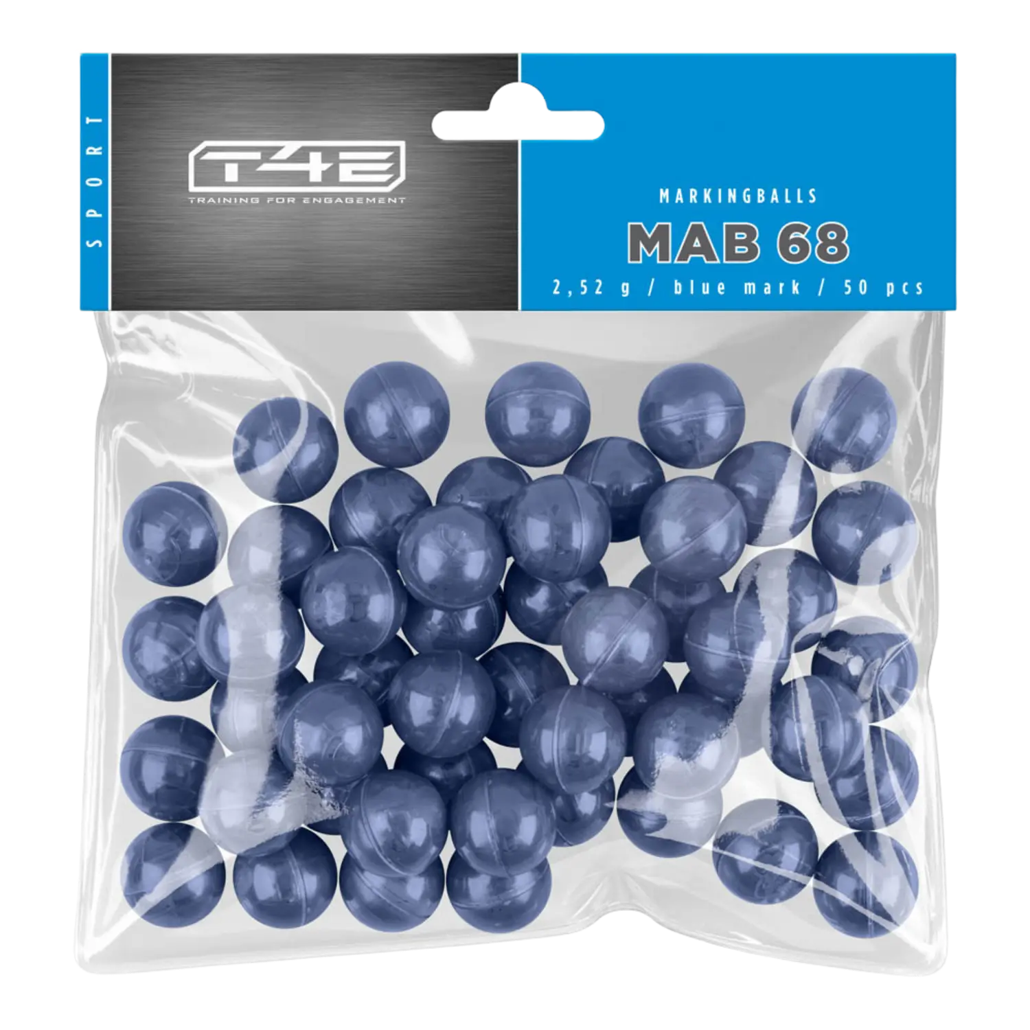 Marking Balls für RAM-Waffen Kaliber 68. In einer durchsichtigen Tüte mit blau grauem Schild