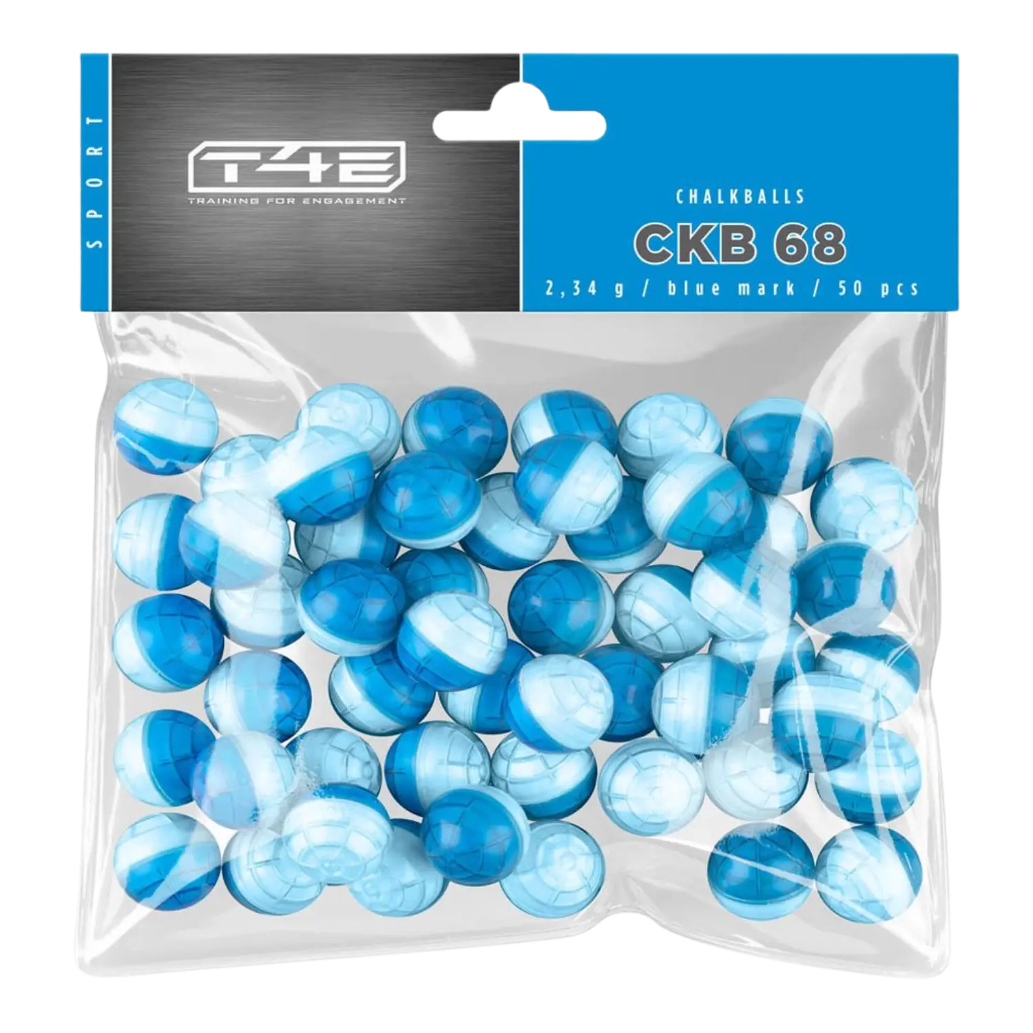 T4E Sport CKB 68 Chalkballs 50 Schuss Kaliber .68 Bluemark Kalkgeschosse für RAM-Waffen. in einer durchsichtigen Tüte