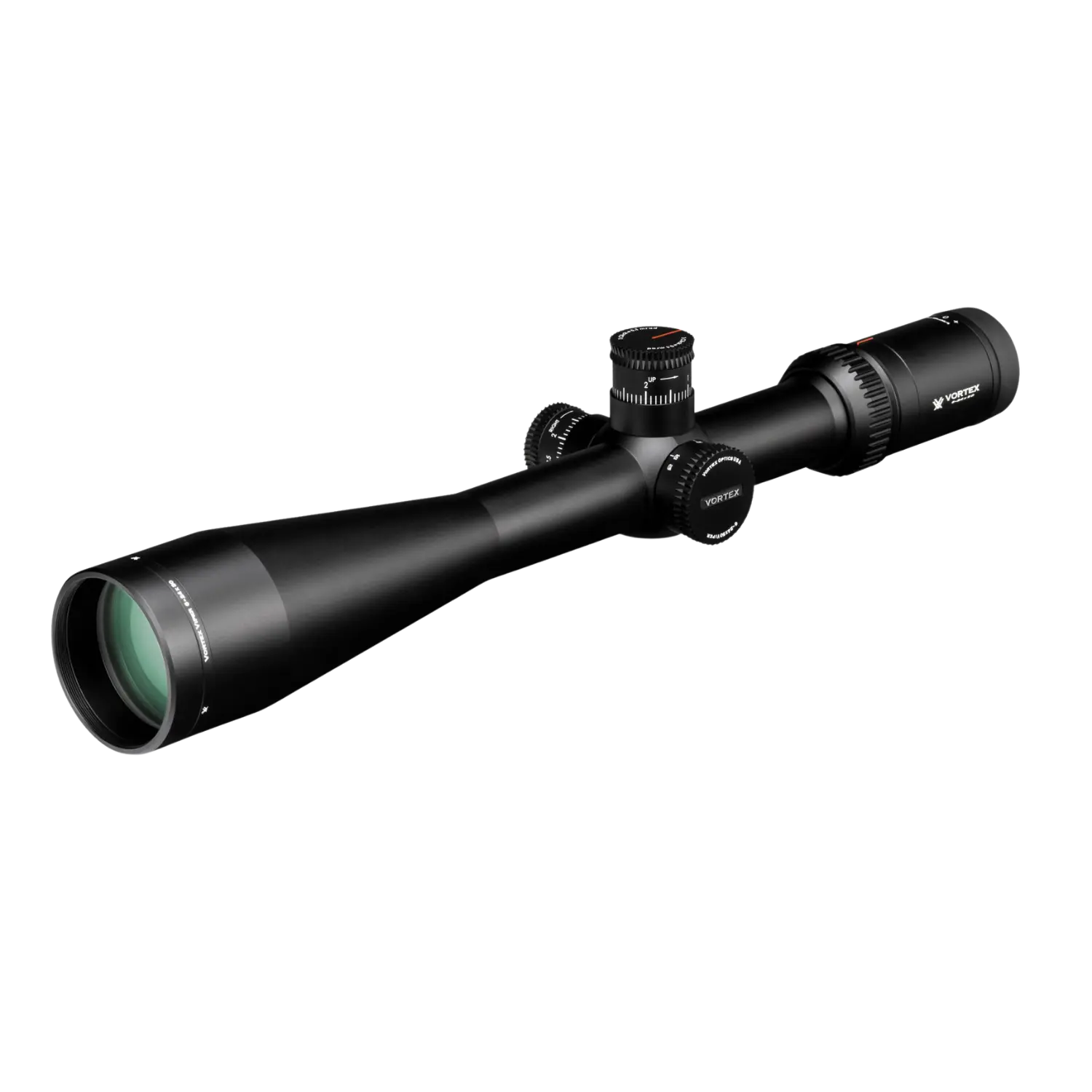 Vortex Zielfernrohr Viper HS-T 6-24x50 VMR-1 MRAD, schwarzes Gehäuse, länglich mit verstellbaren Turmknöpfen und Objektivlinse.