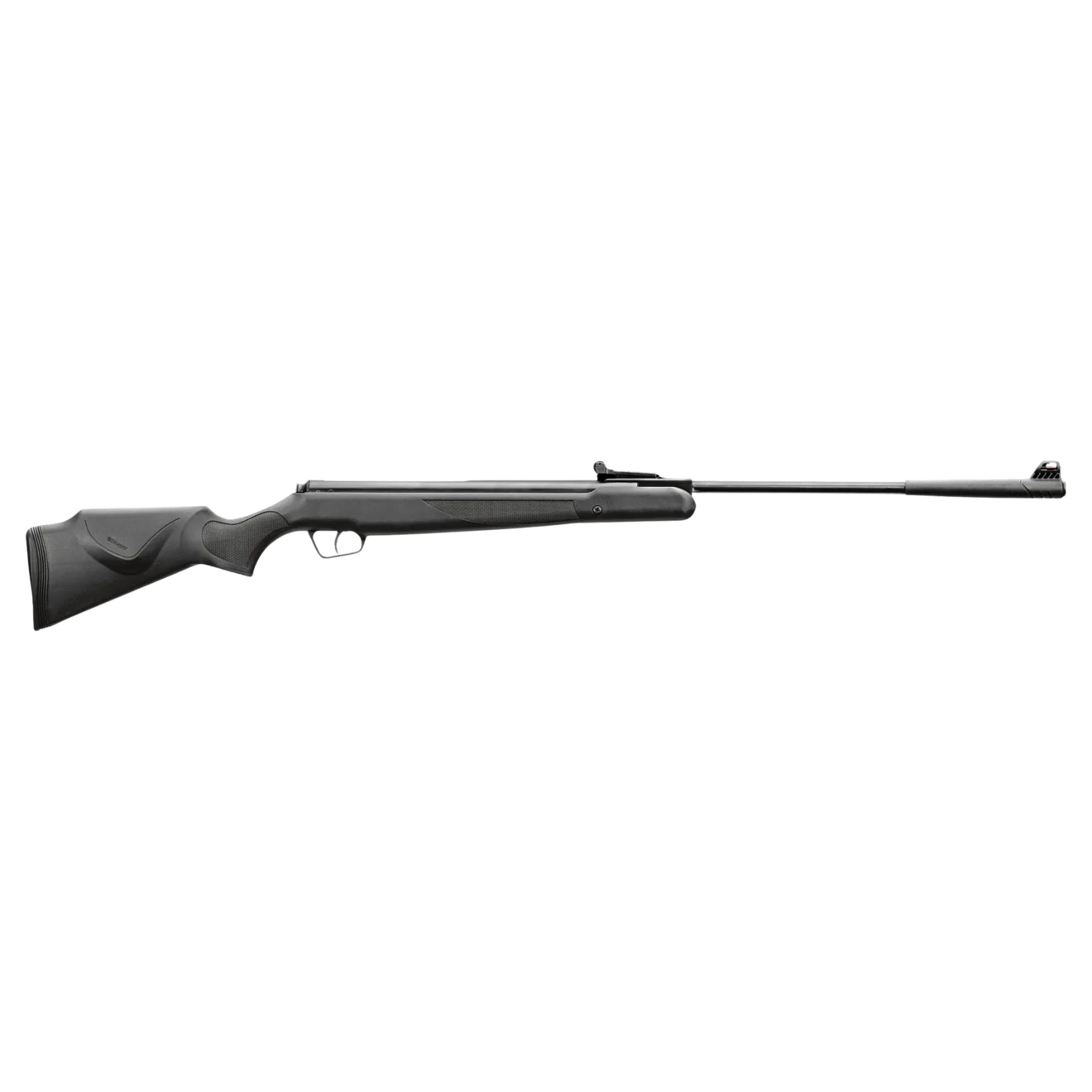 Stoeger X50 Synthetic Luftgewehr, schwarzer Kunststoffschaft, langer Lauf, seitliche Visierung, rechte Handhaltung.