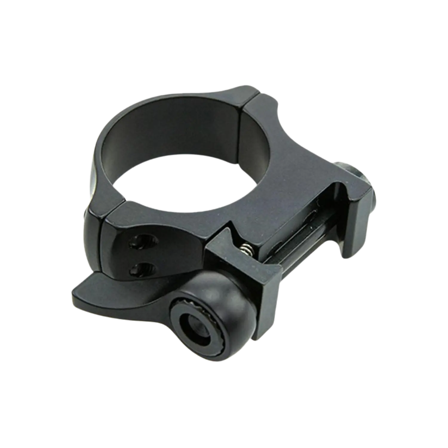 Schwarzer Schnellmontagering von Recknagel mit einer runden Halterung und einem seitlichen Hebel. Der Ring hat eine glatte Oberfläche und eine integrierte Schraube.