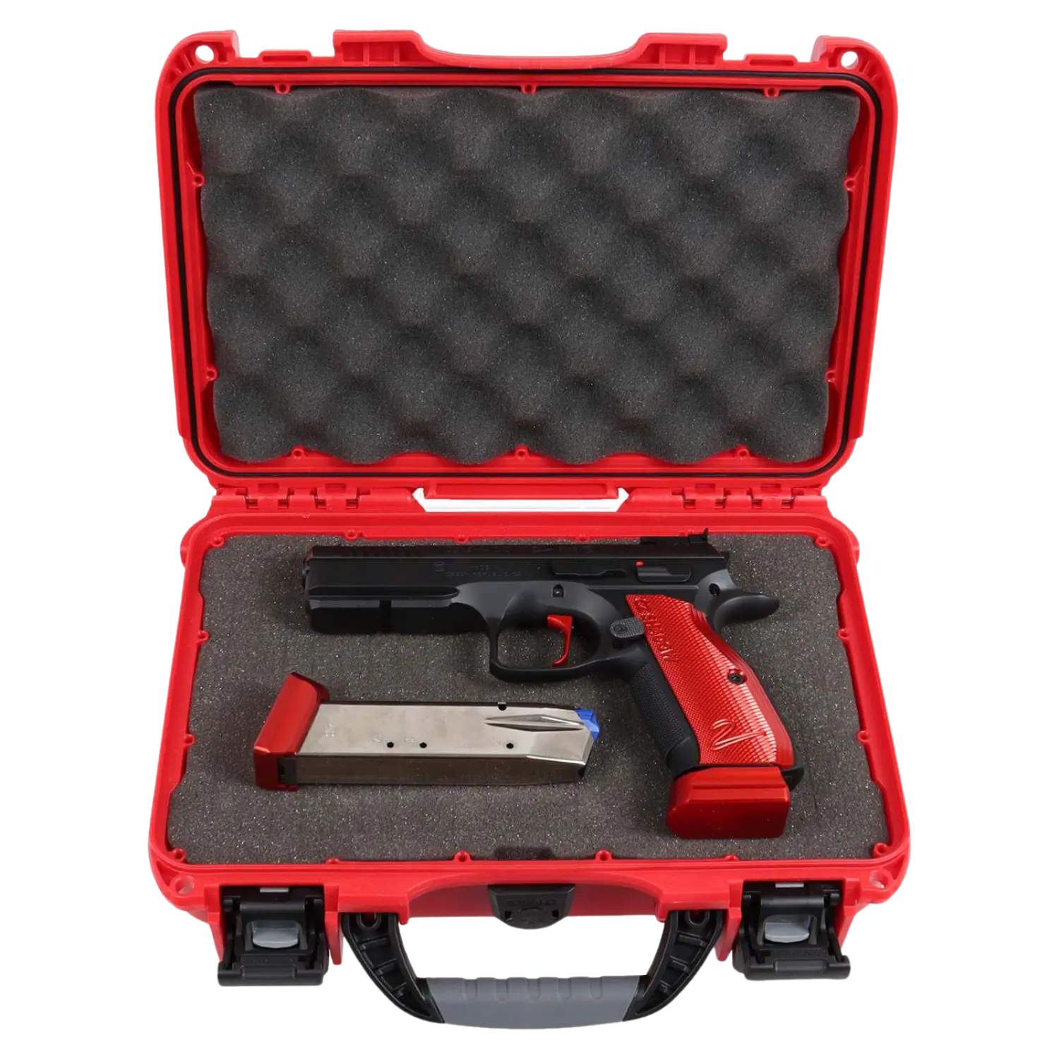 Schwarze CZ Shadow 2 Pistole mit rotem Griff und einem Magazin in einem roten Koffer mit Schaumstoffeinlage.