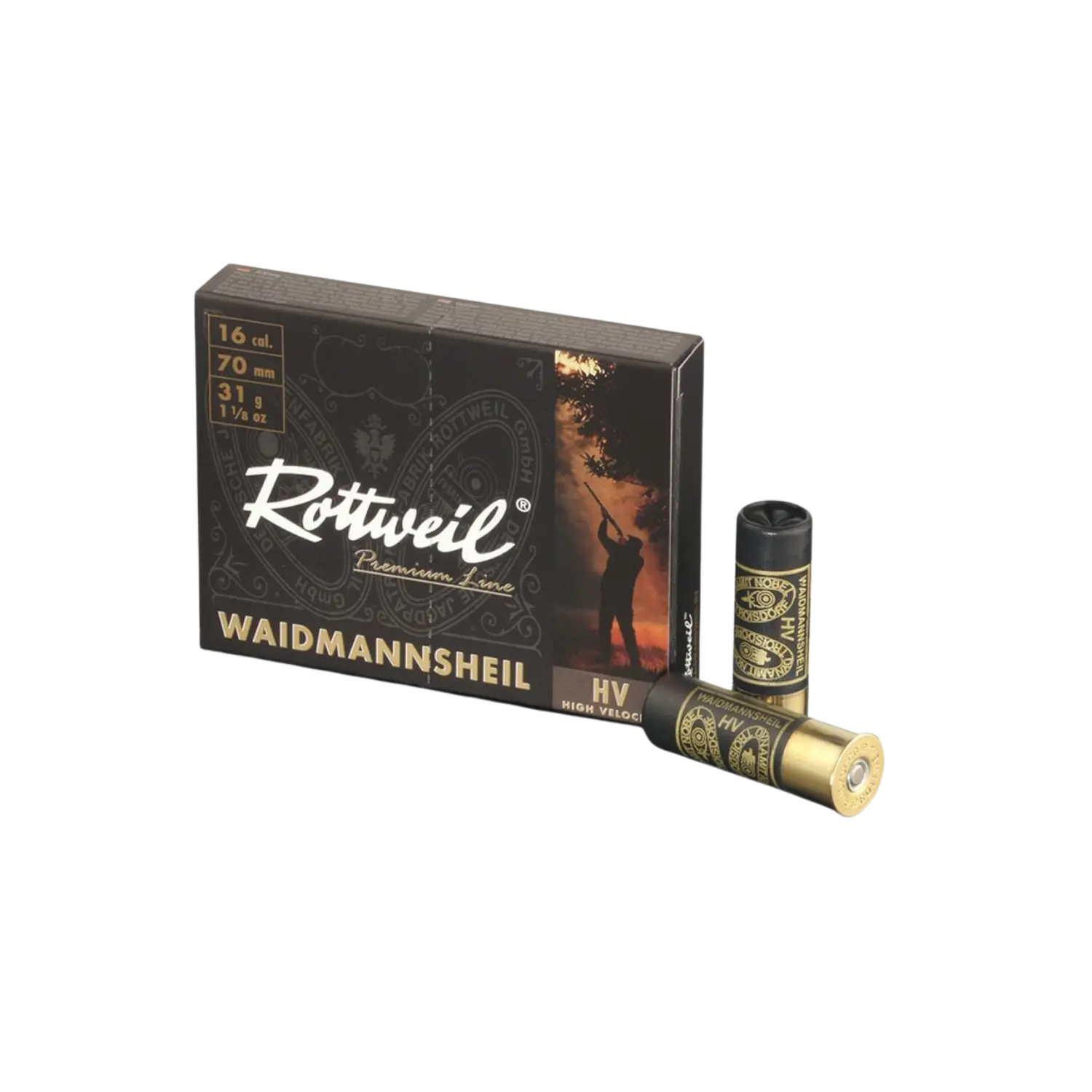 Verpackung von Rottweil Waidmannsheil HV Kaliber 16, 70 mm, 31 g. Schachtel in goldene und schwarze Farben und zwei Patronen abgebildet.