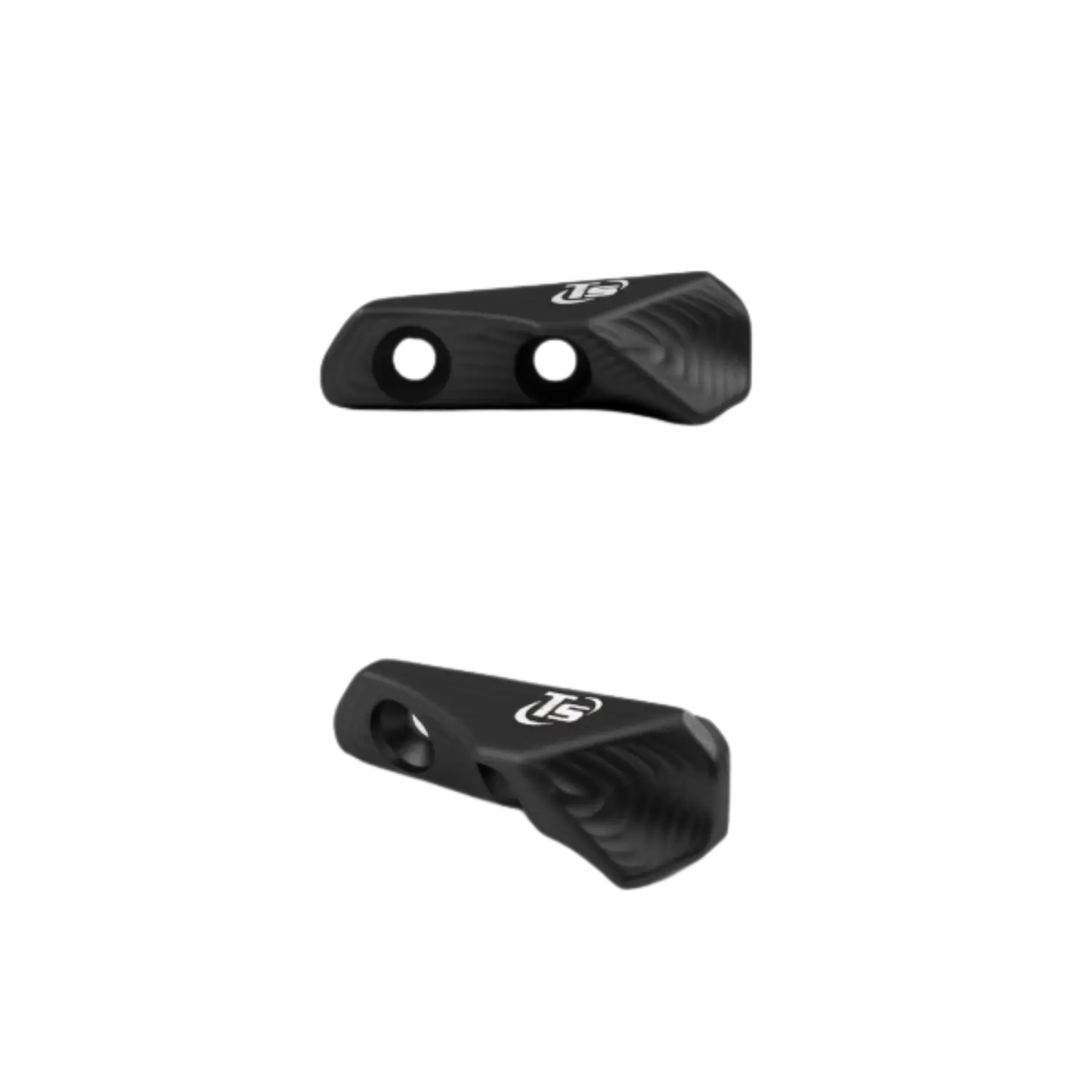 Schwarzer Daumenauflage für CZ Tactical Sport, rechte Hand, mit zwei Löchern und strukturiertem Design, markiert mit 'TS'.