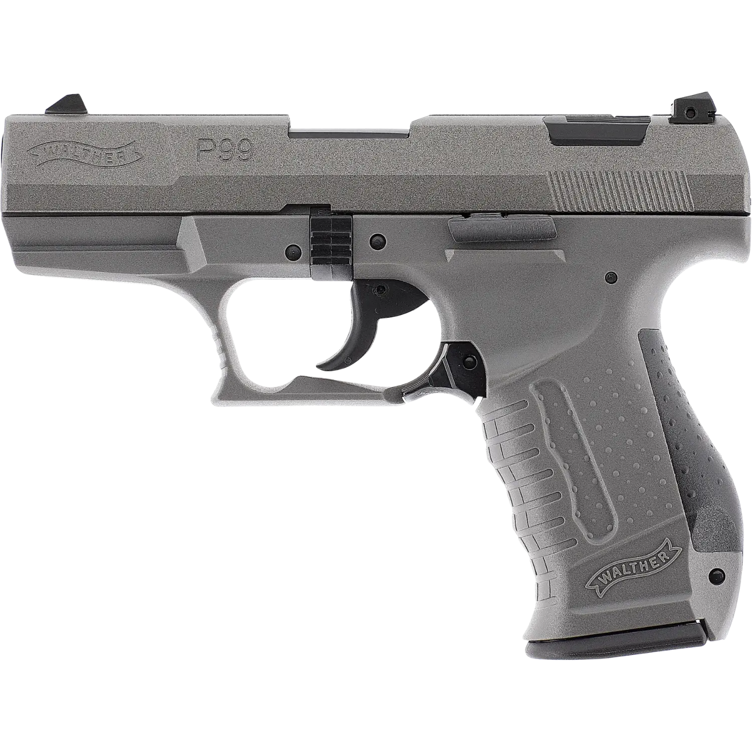 Graue Walther P99 SV Schreckschusswaffe 9mm mit Stahlverschluss, Seitenansicht von links, Griff mit Walther-Logo, Visierung sichtbar.
