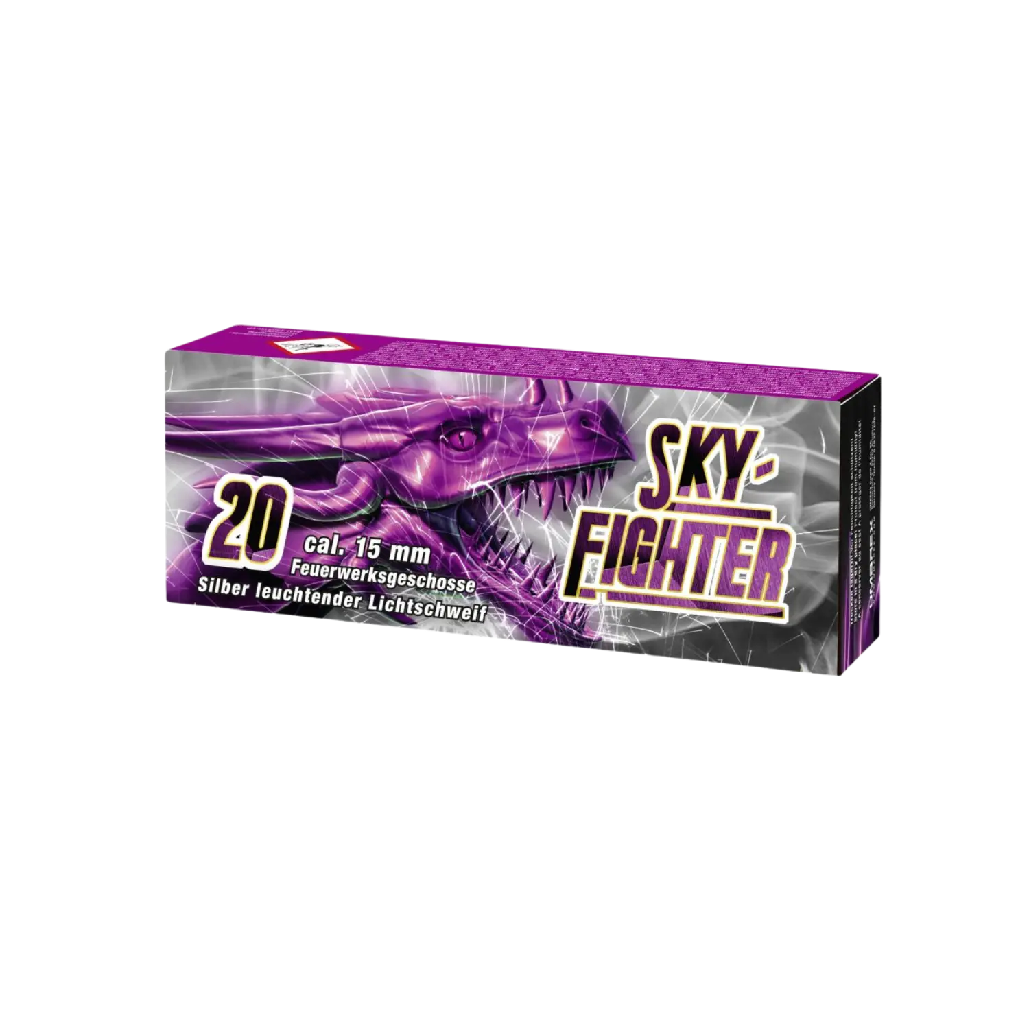 Verpackung mit lila Drachenillustration und Aufschrift 'SKY FIGHTER', '20 cal. 15 mm Feuerwerksgeschosse Silber leuchtender Lichtschweif'.