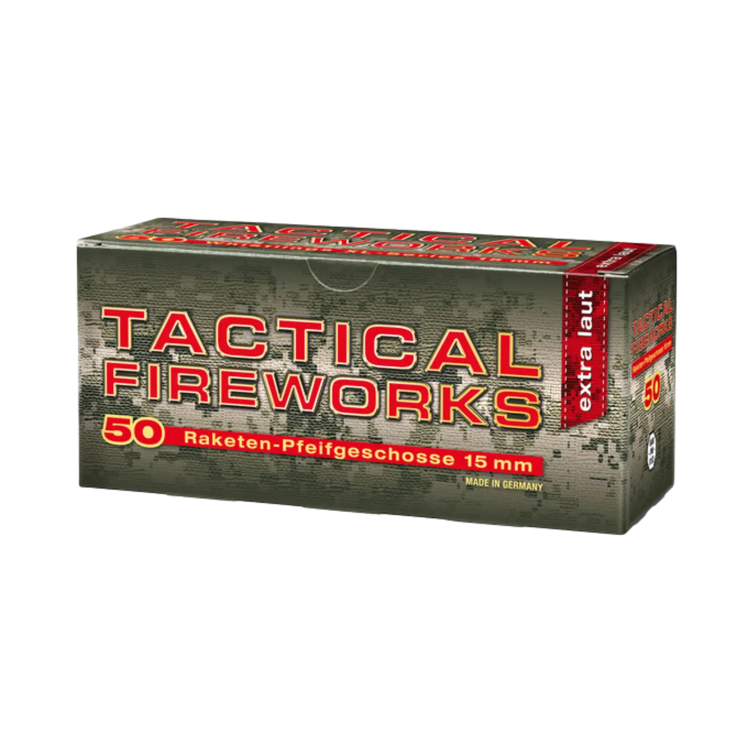 Rechteckige Verpackung mit Tarnmuster, Aufschrift 'TACTICAL FIREWORKS', '50 Raketen-Pfeifgeschosse 15 mm', 'extra laut', 'Made in Germany'.