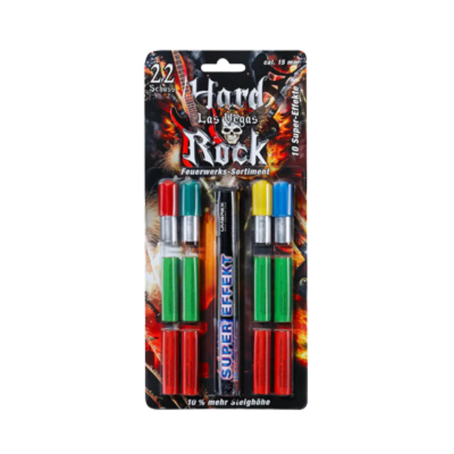 Verpackung mit 22 Schuss Feuerwerkskörpern der Marke Hard Rock Las Vegas, bunt, mit Aufschrift 'SUPER EFFEKT' und '10 % mehr Steighöhe'.