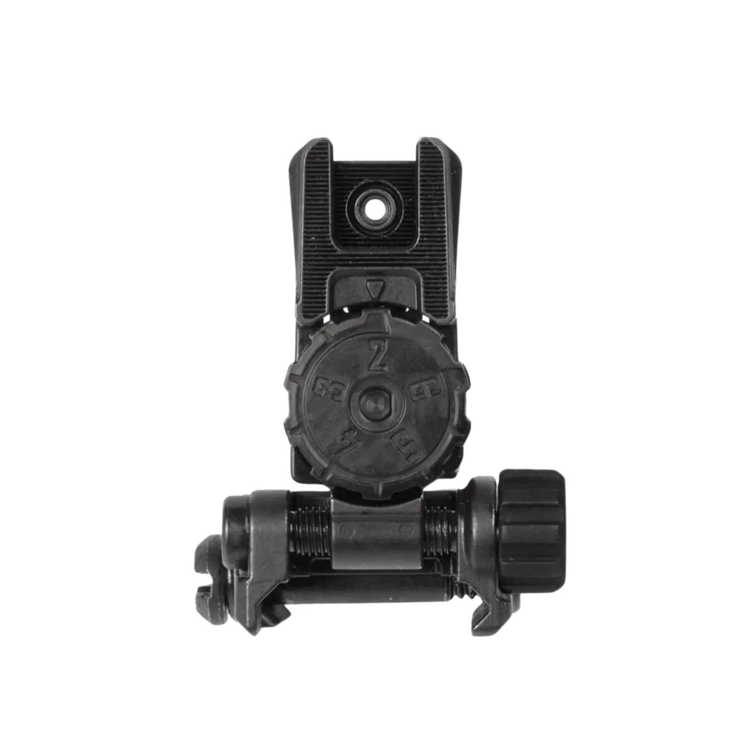 Schwarzes Magpul MBUS Pro LR Klappvisier für das hintere Gewehrvisier mit Einstellrad und Befestigungsmechanismus