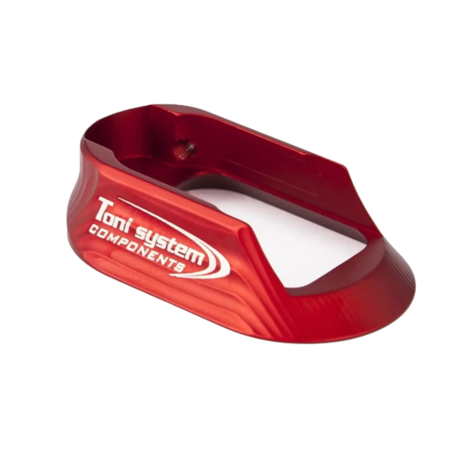 Rotes Aluminiumteil mit Aussparung und Schraube, beschriftet mit 'Toni system COMPONENTS'.