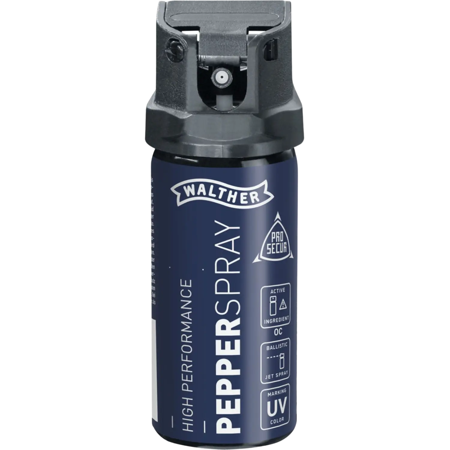 Walther Pfefferspray, 74ml, mit schwarzem Sprühkopf und blauer Flasche, beschriftet mit 'HIGH PERFORMANCE' und 'ACTIVE: 8% OC'.