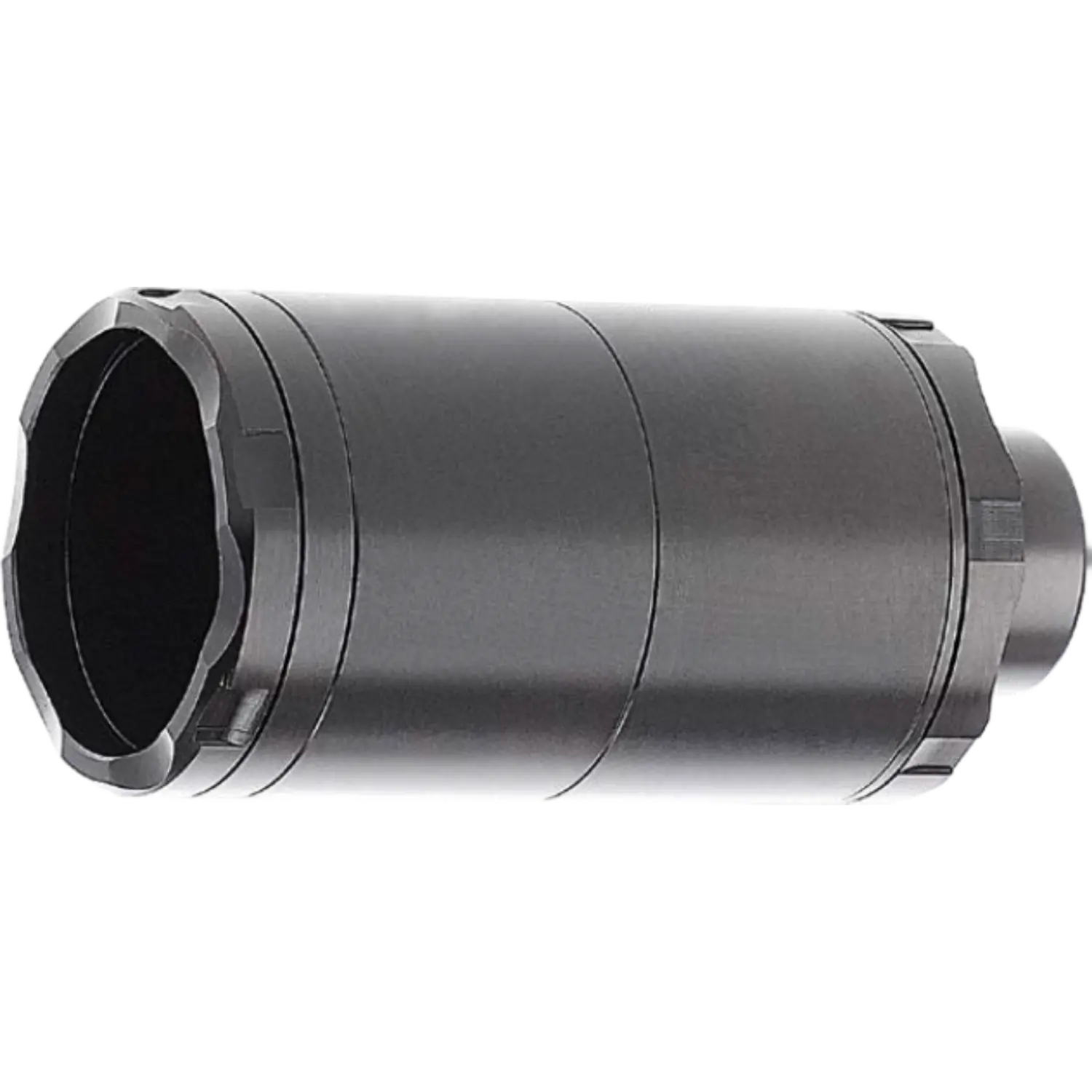 Zylindrisches, schwarzes Modular-Sound-Gerät für T4E-Marker Kaliber .68 mit glatter Oberfläche und strukturiertem vorderem Ende