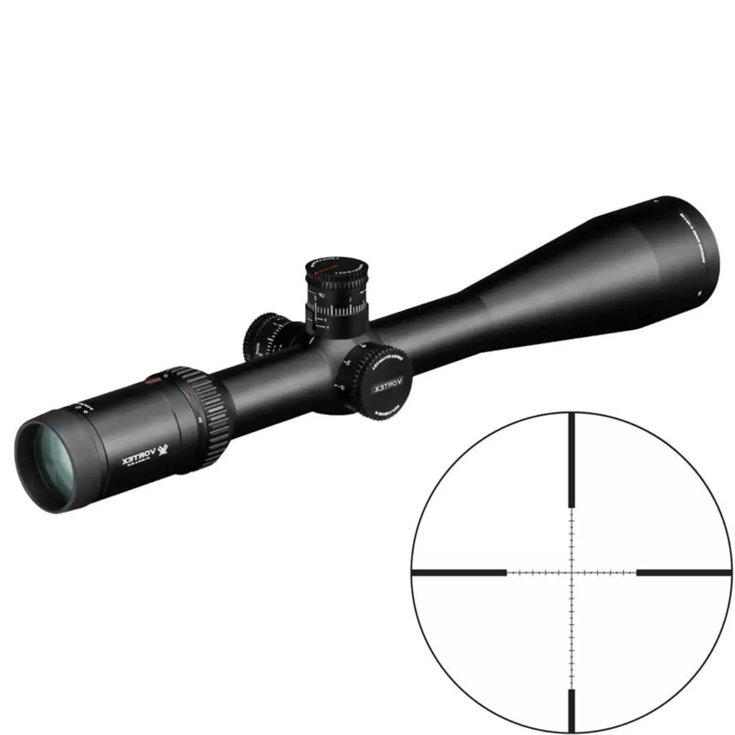 Vortex Zielfernrohr Viper HS-T 6-24x50 VMR-1 MRAD Vortex Zielfernrohr Viper HS-T 6-24x50 mit Einstelltürmen und beleuchtetem VMR-1 MRAD Absehen, schwarz, zylindrisch mit vergrößertem Objektiv und Okular.