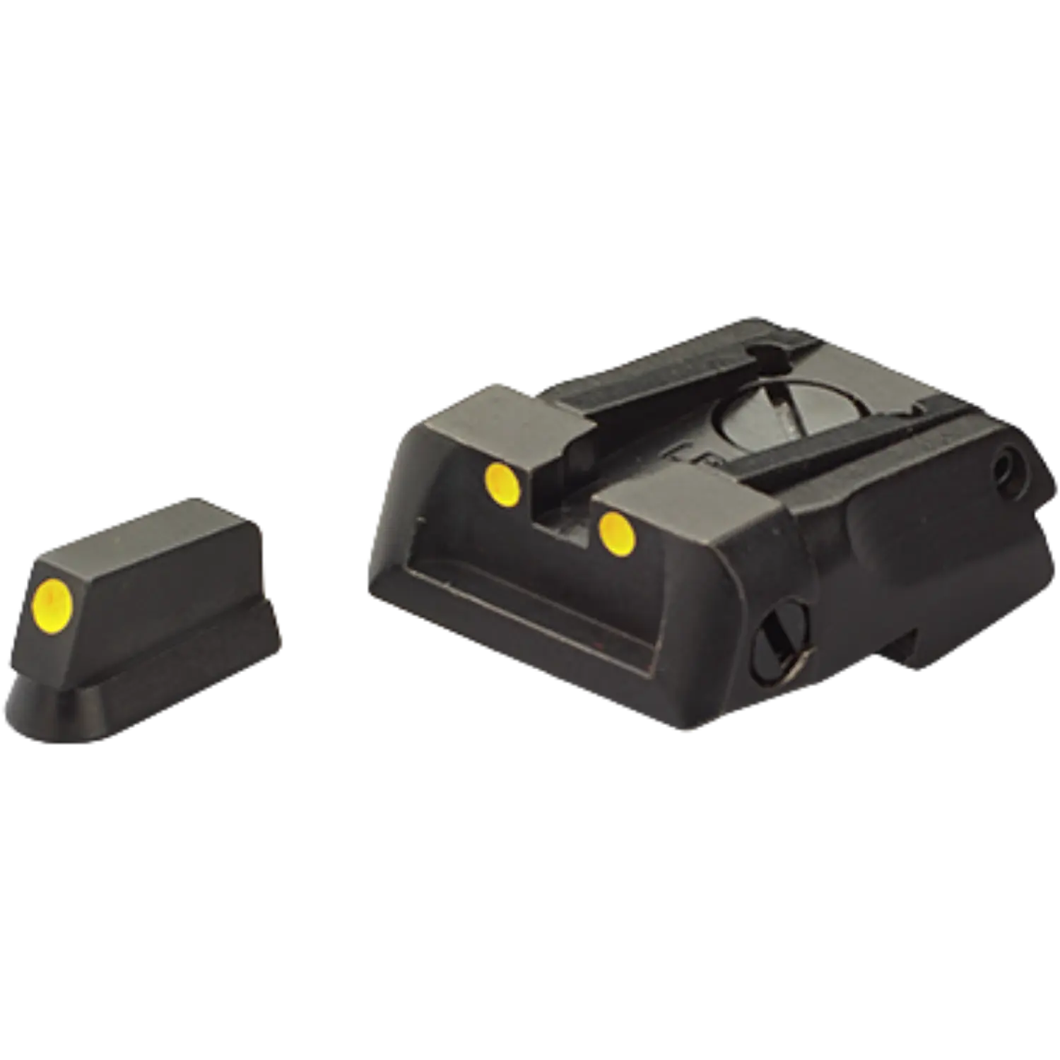 Schwarzes Visierset mit zwei Teilen, jeweils mit gelben Punkten, passend für CZ SP01 Shadow und Shadow 2.