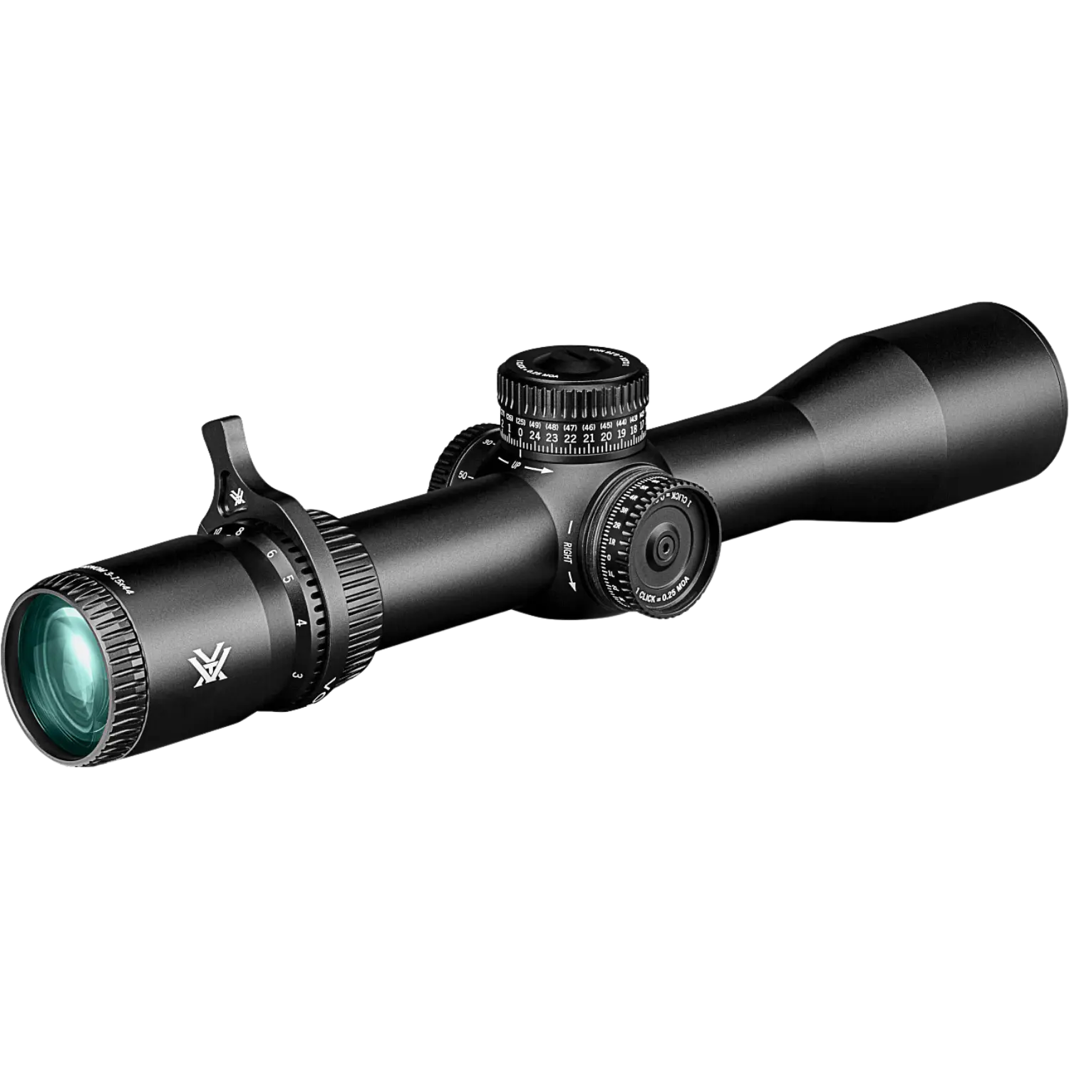 Vortex Venom RevStop Zero System Zielfernrohr, schwarz, mit einem langen, schlanken Körper, einem verstellbaren Okular und einem großen Objektiv. Sichtbare Turmverstellungen und ein grünes Objektiv.