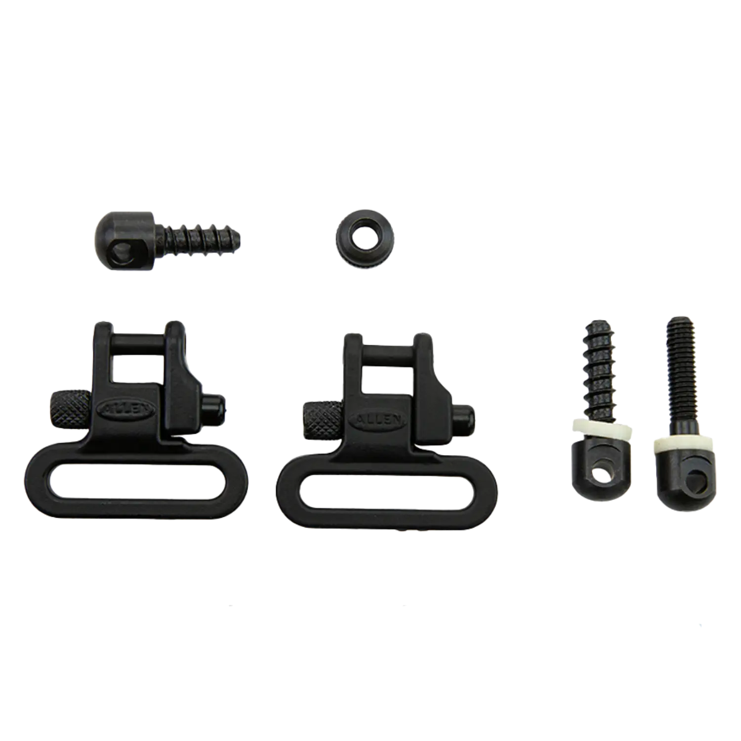 Zwei schwarze Riemenbügel mit Schrauben und einem kleinen runden Teil, alle aus Metall, auf hellem Hintergrund angeordnet.