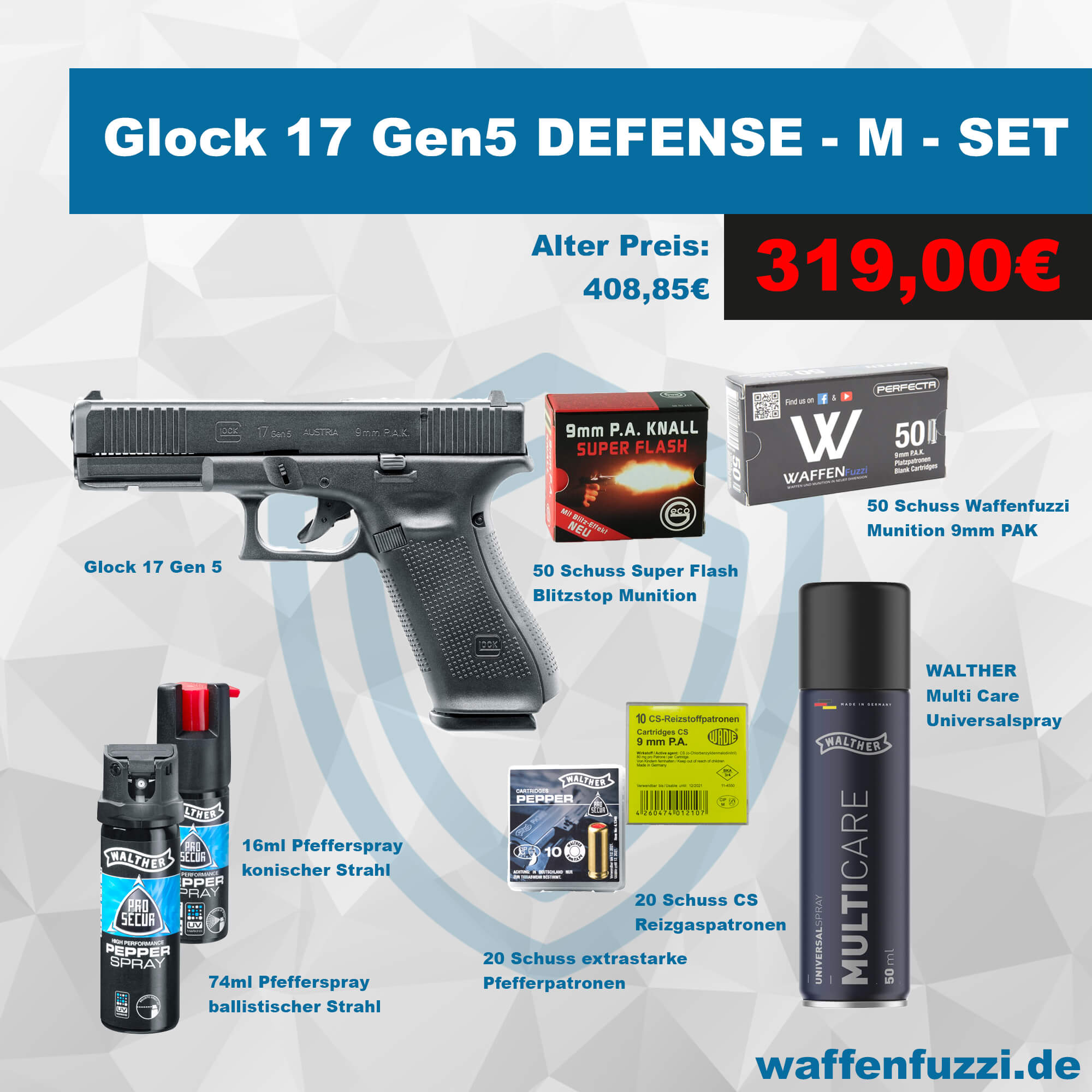 Glock 17 Gen5 Defense Set mit umfangreichem Zubehör zum unschlagbaren Paketpreis. 